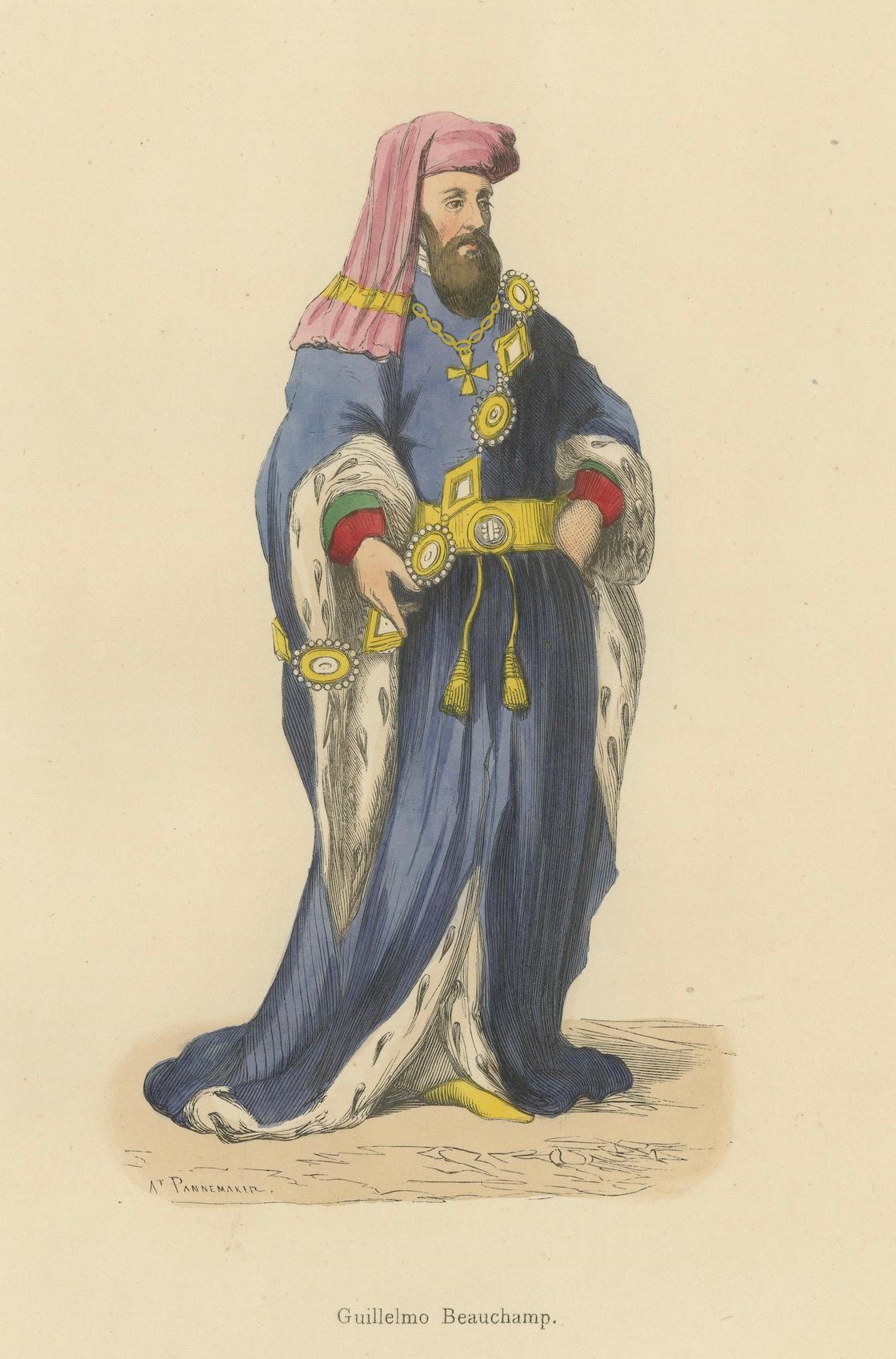 Paper William de Beauchamp in Noble Attire in An Original Handcolored Lithograph, 1847 For Sale