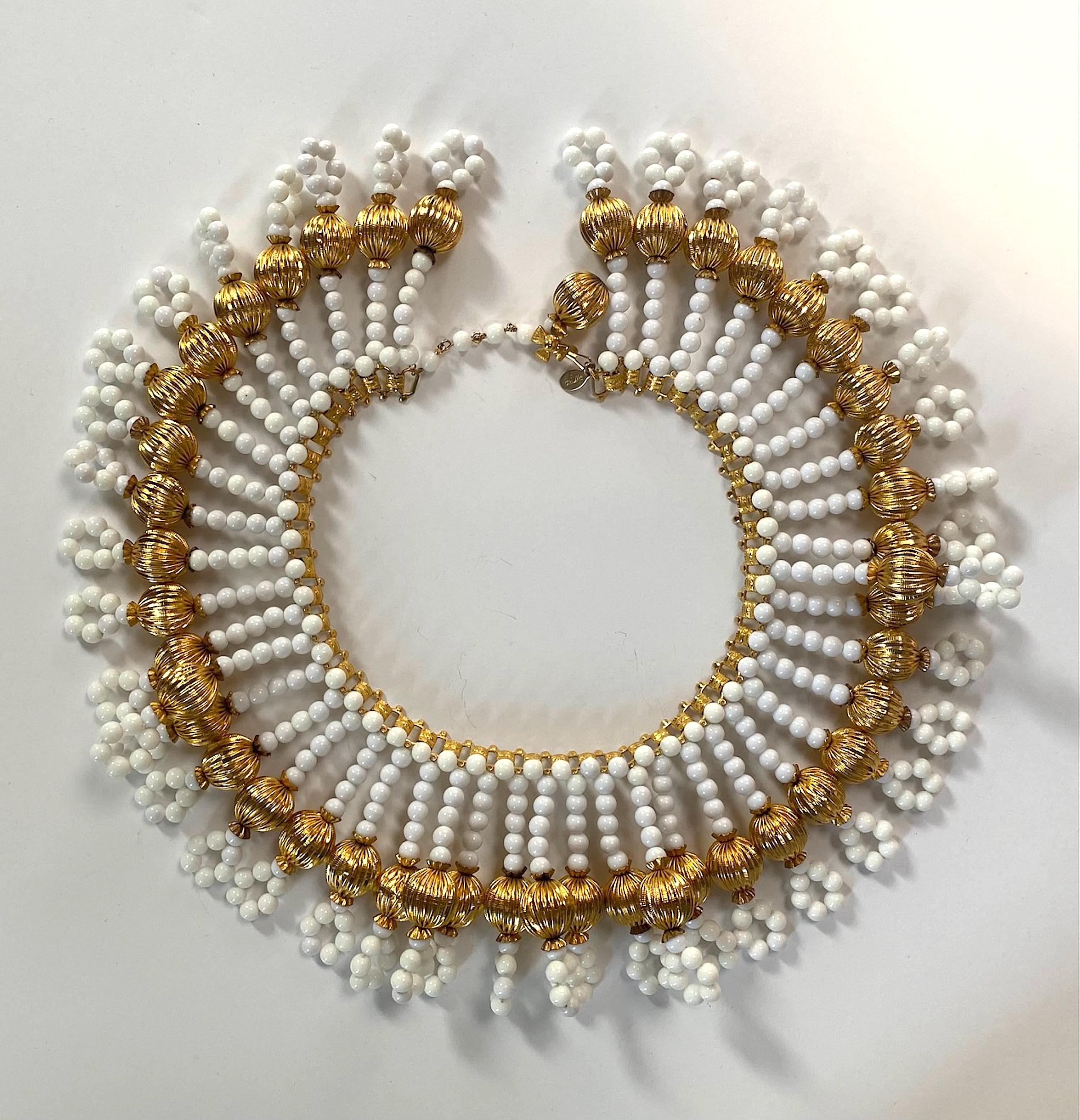 William De Lillo 1970s Gold & White Glass Bead Fringe Necklace 8