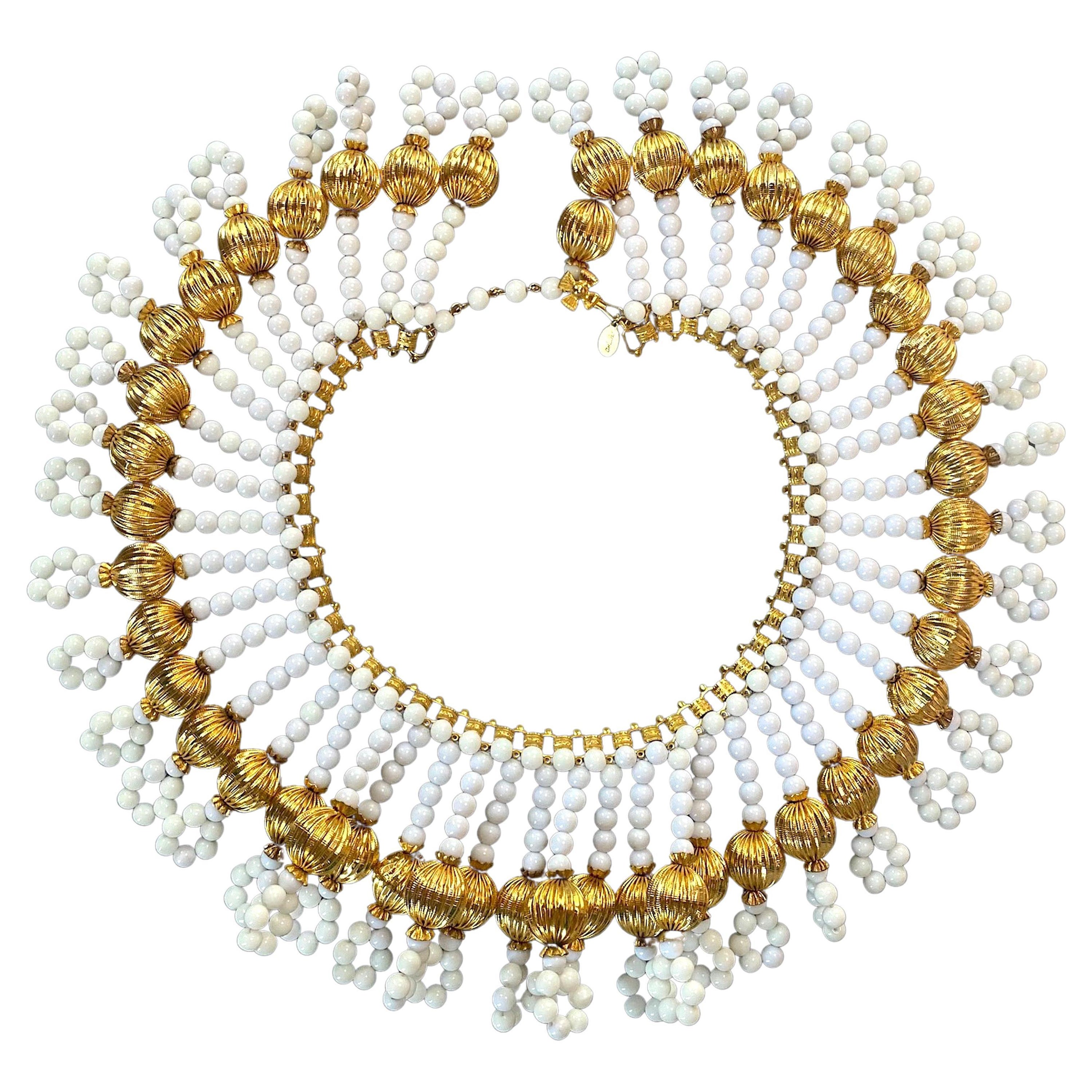 William De Lillo 1970s Gold 
White Glass Bead Fringe Necklace