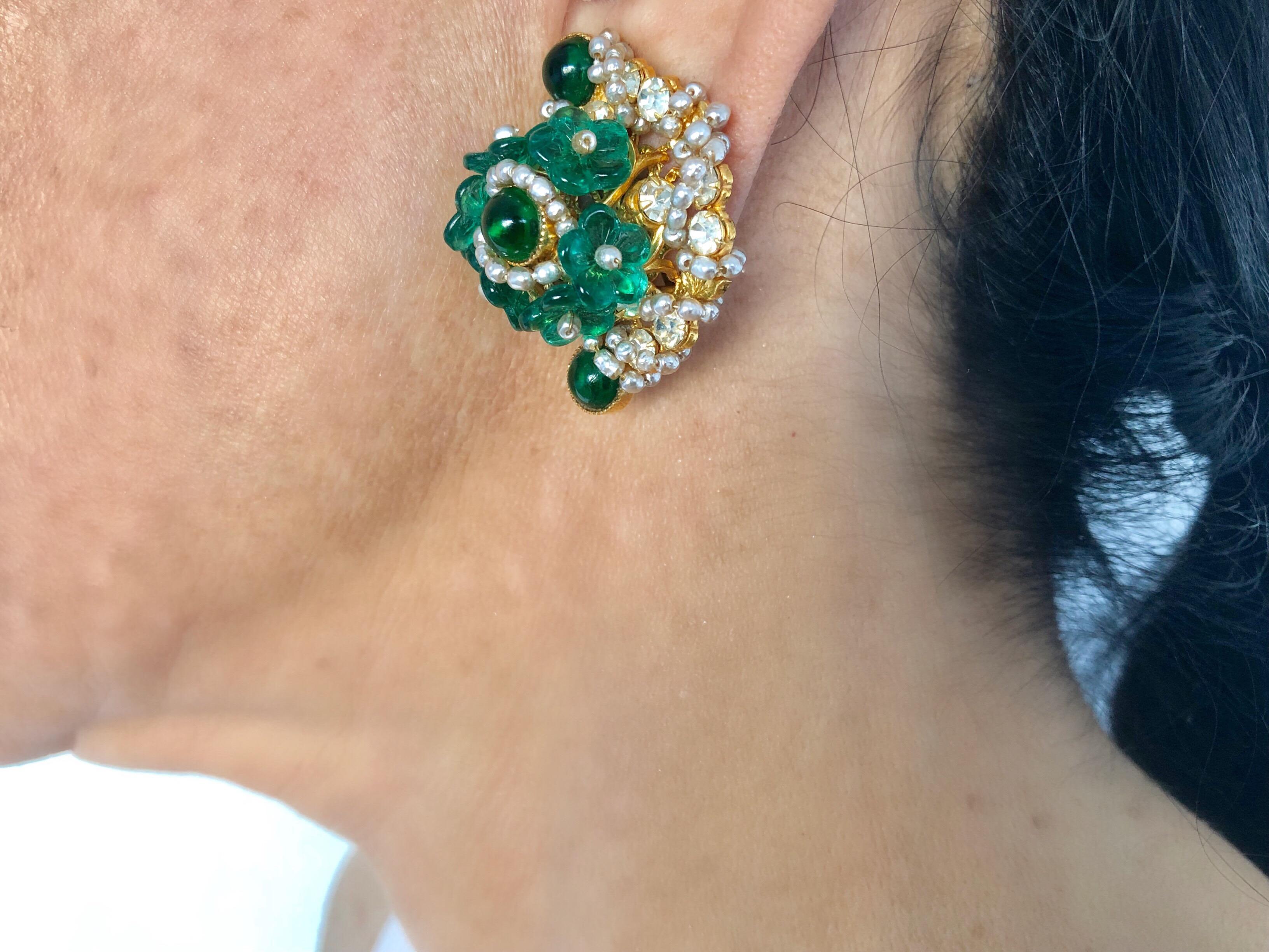 William de Lillo Faux Emerald Diamanté Statement Earrings  In Excellent Condition In Palm Springs, CA
