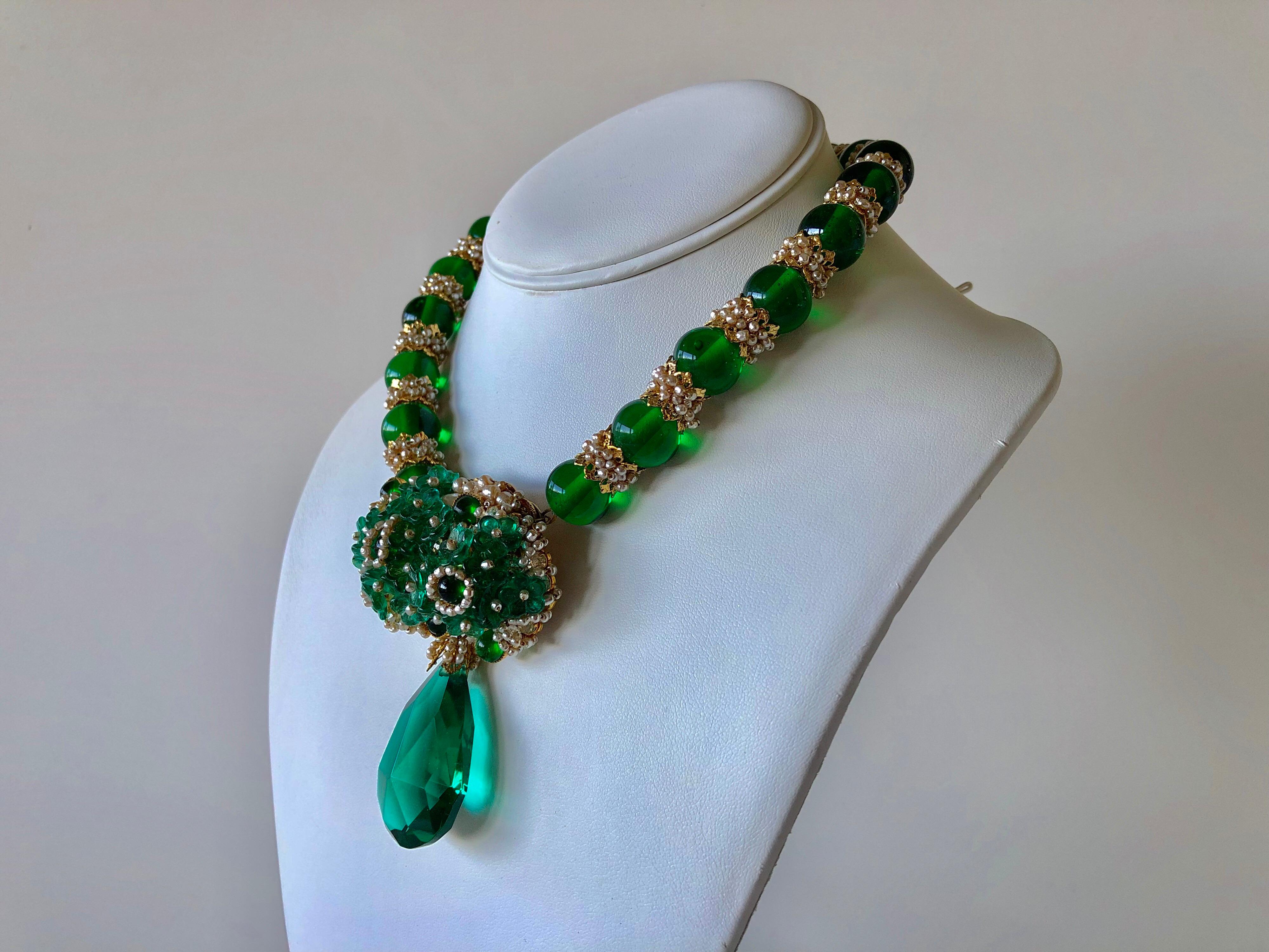 Contemporary Desiger Faux Emerald Diamanté Statement Necklace (Prototype) by WIlliam De Lillo