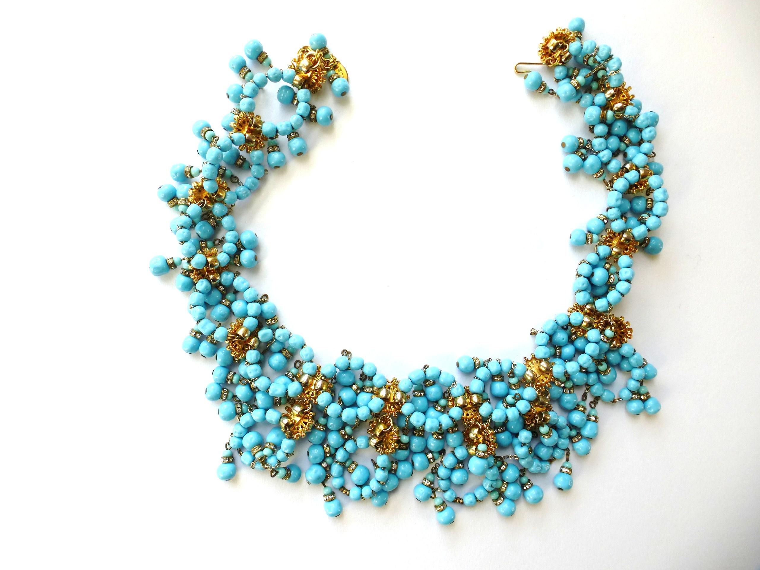 Artisan William de Lillo NY limited necklace turquoise glass pearls 1970s USA For Sale