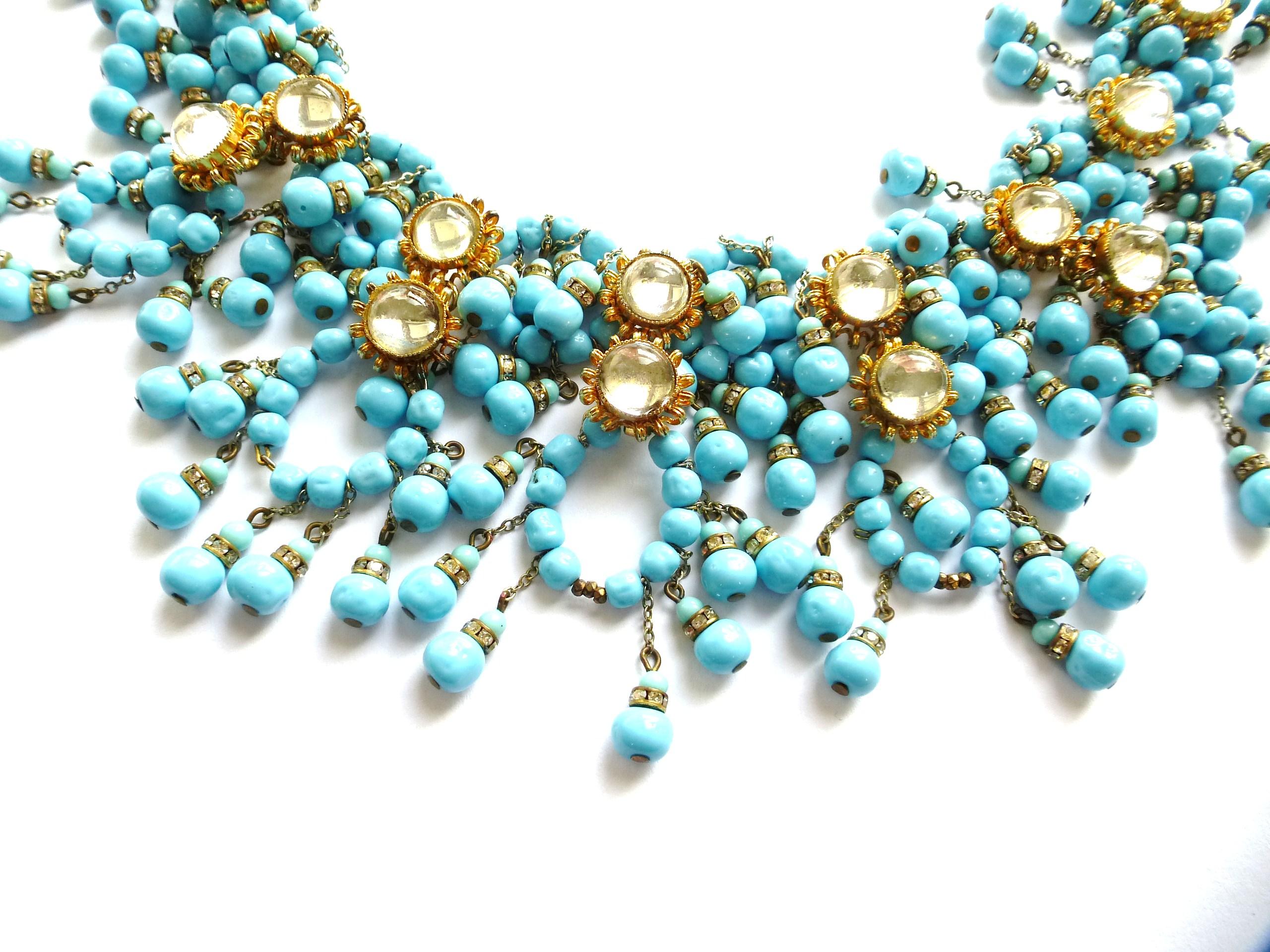 Round Cut William de Lillo NY limited necklace turquoise glass pearls 1970s USA For Sale