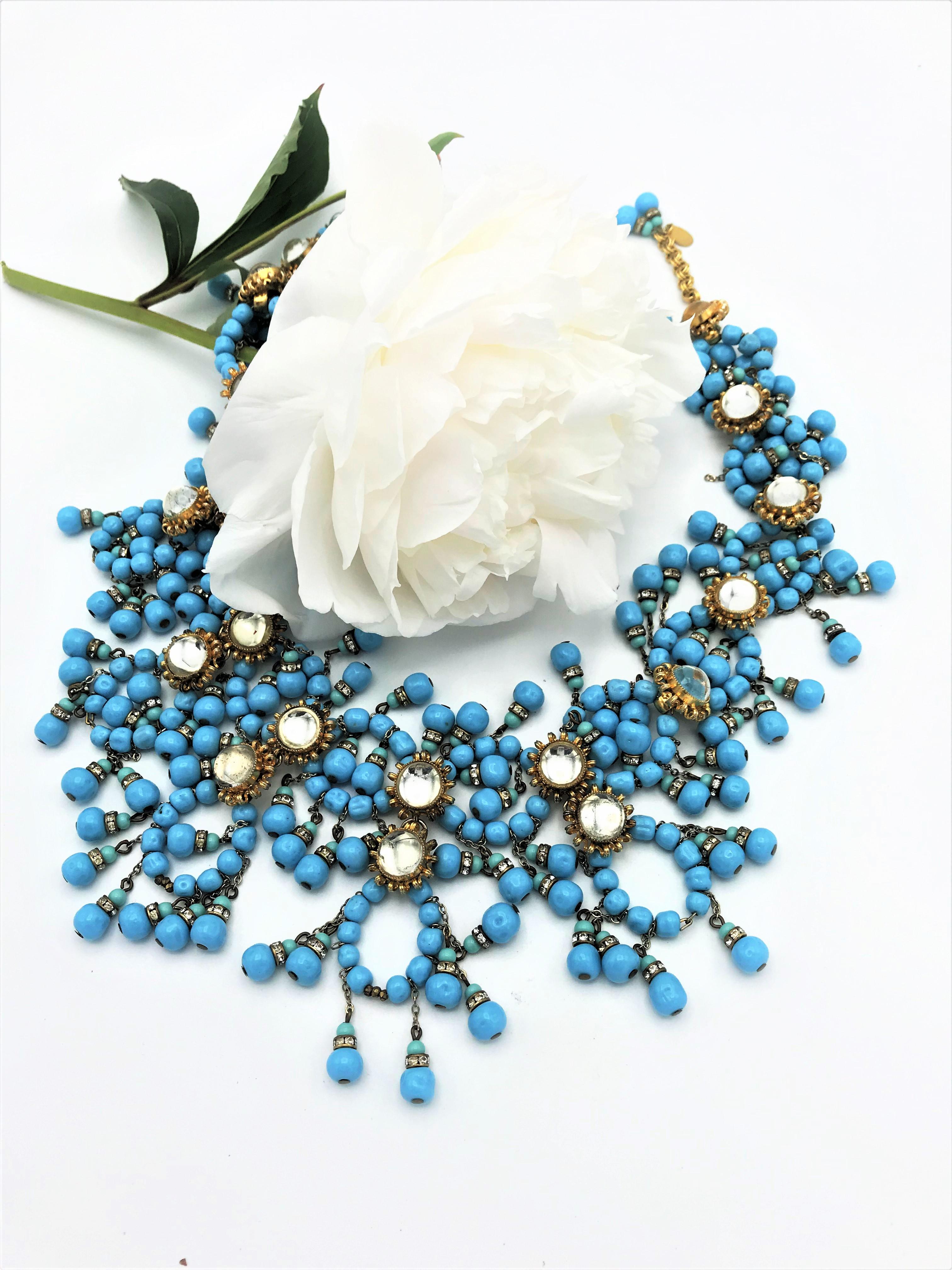 William de Lillo NY limited necklace turquoise glass pearls 1970s USA In Excellent Condition For Sale In Stuttgart, DE