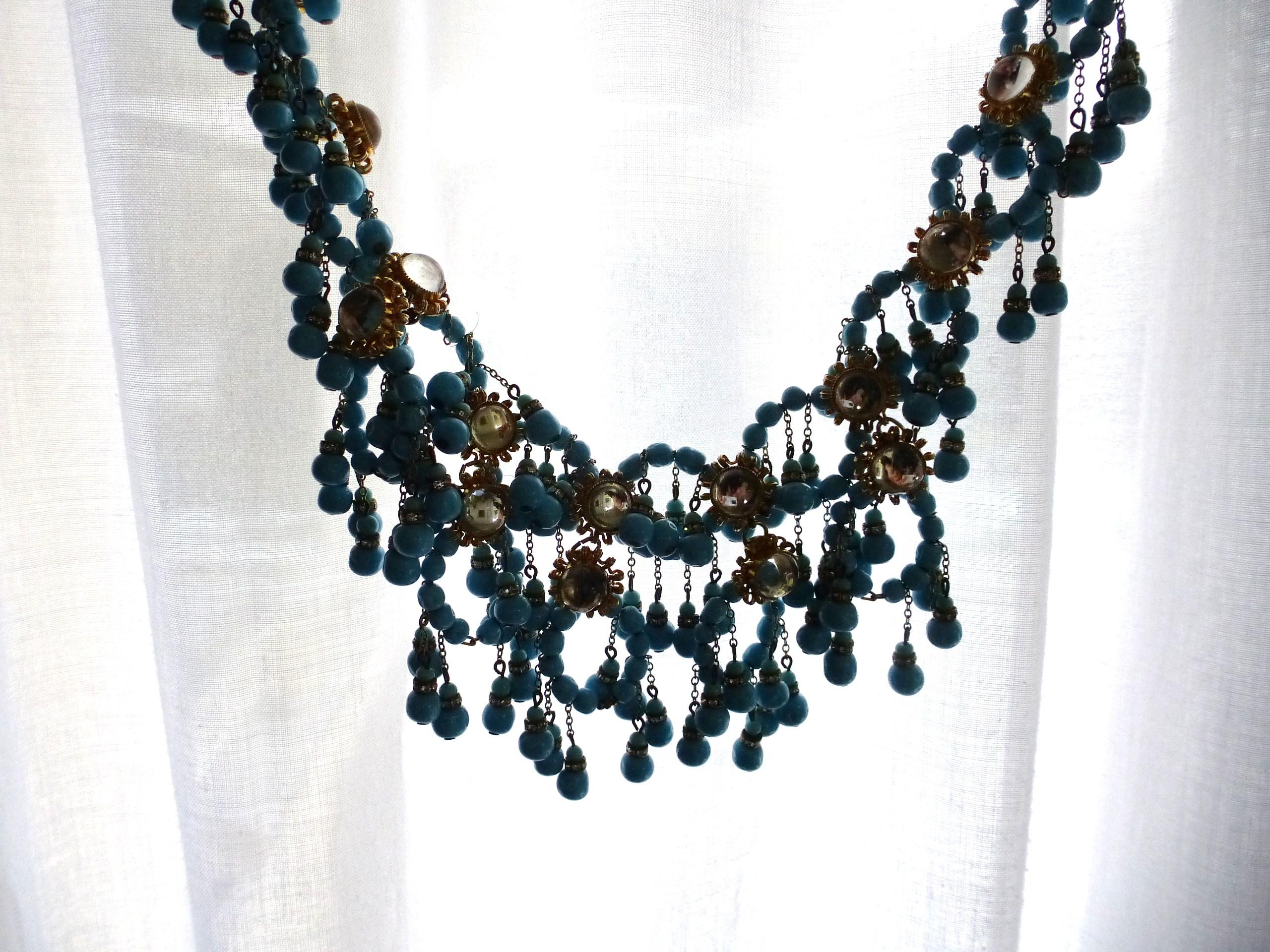 Women's William de Lillo NY limited necklace turquoise glass pearls 1970s USA For Sale