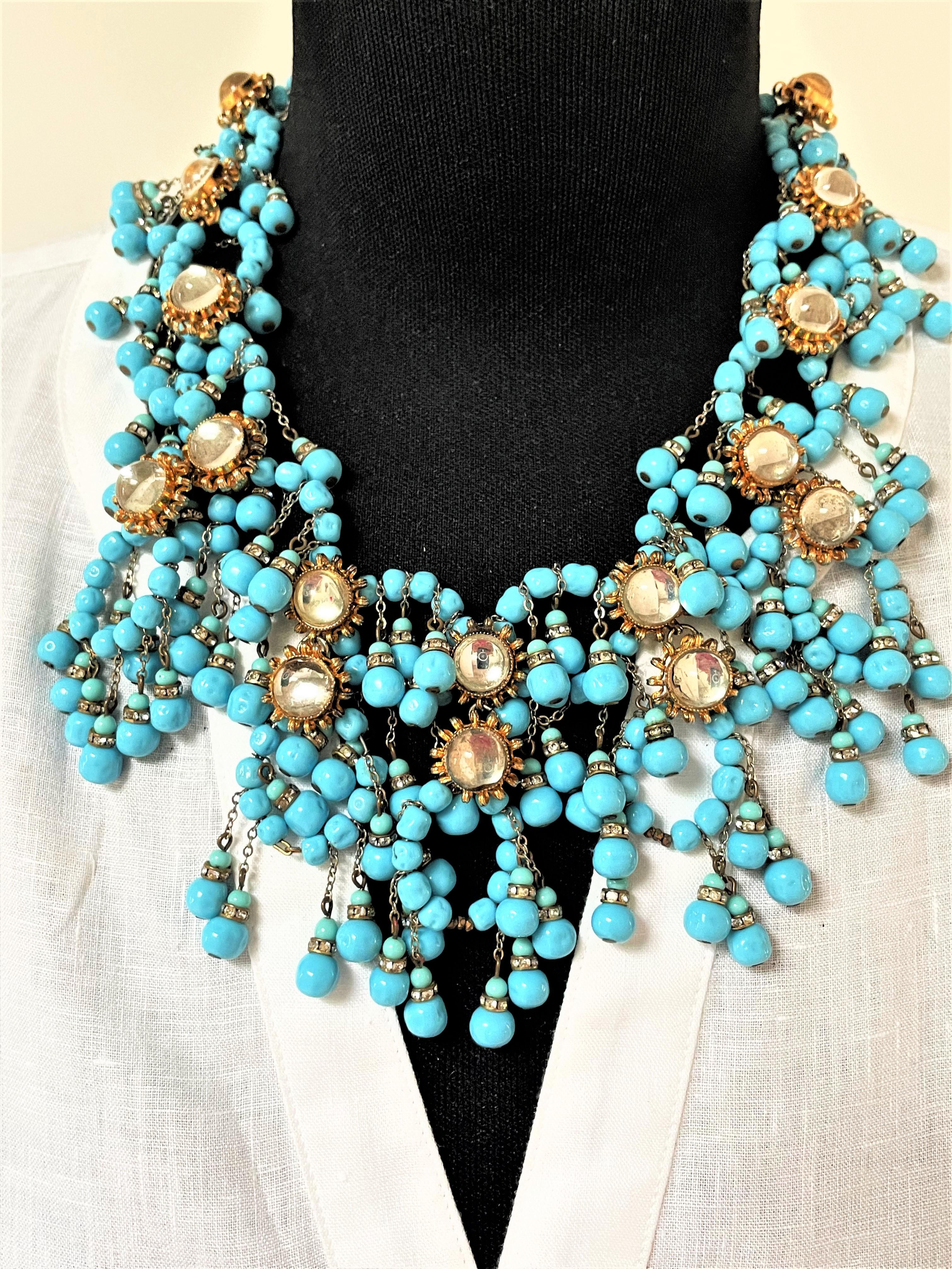 William de Lillo NY limited necklace turquoise glass pearls 1970s USA For Sale 2