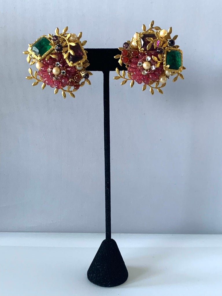 Artisan William de Lillo Unique Emerald and Fuchsia Gilt Earrings  For Sale