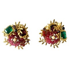 Vintage William de Lillo Unique Emerald and Fuchsia Gilt Earrings 