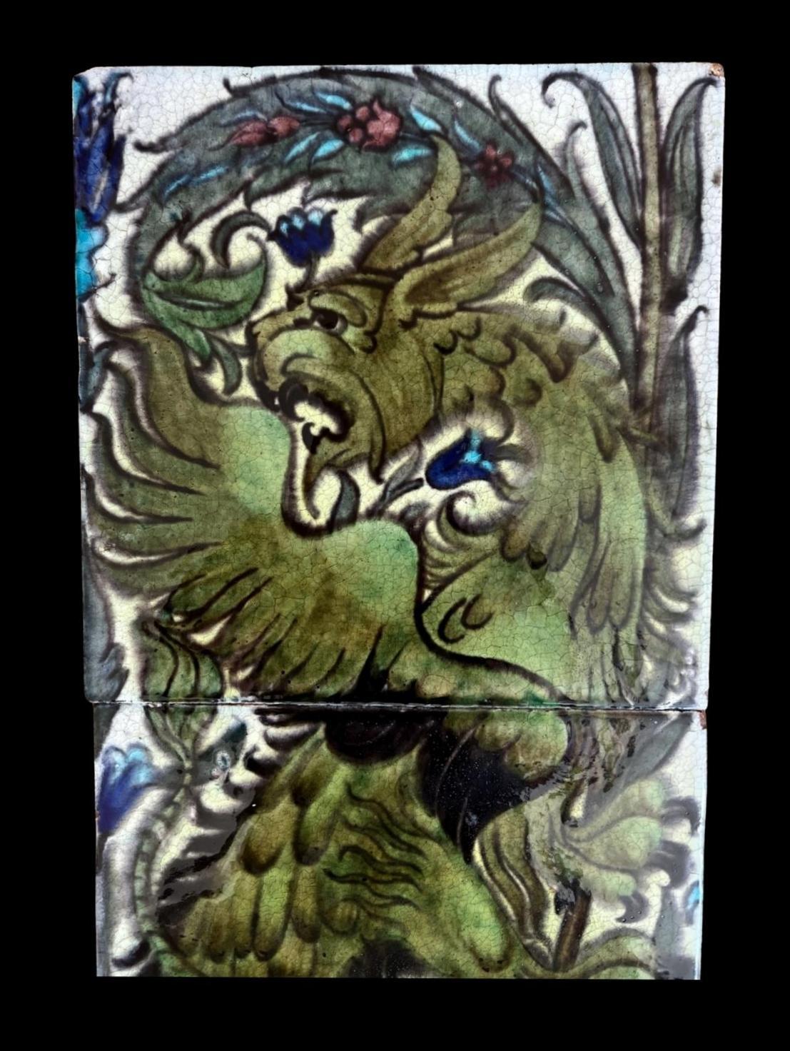 5277
Large William De Morgan tile panel depicting a Ferocious beast in a polychrome glaze

Circa 1885

Each tile 20.7cm

The central tile with a firing crack (glazed over) from the time of manufacture.