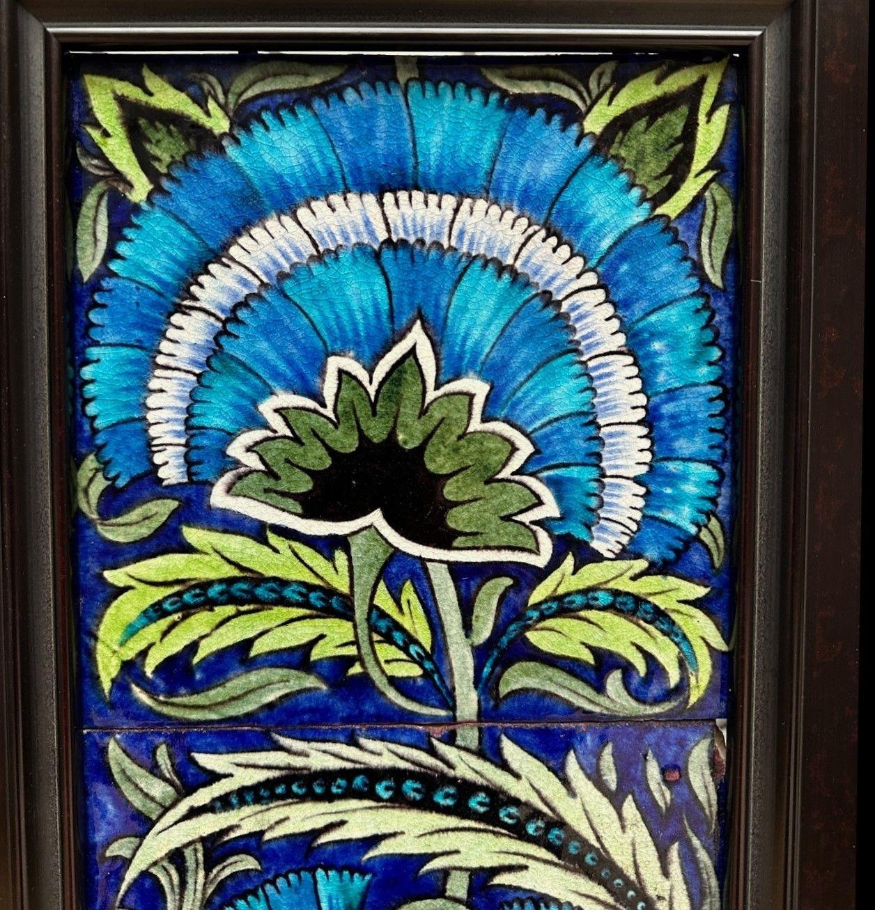 5470
Striking and Vibrant William De Morgan Tile Panel decorated in the “Fan” design in an Ebonised Frame
The tiles 8” / 20cm
Tile 2 with chip to the top right corner and graze to high points on the tile
Tile 3 with glaze frit to top left