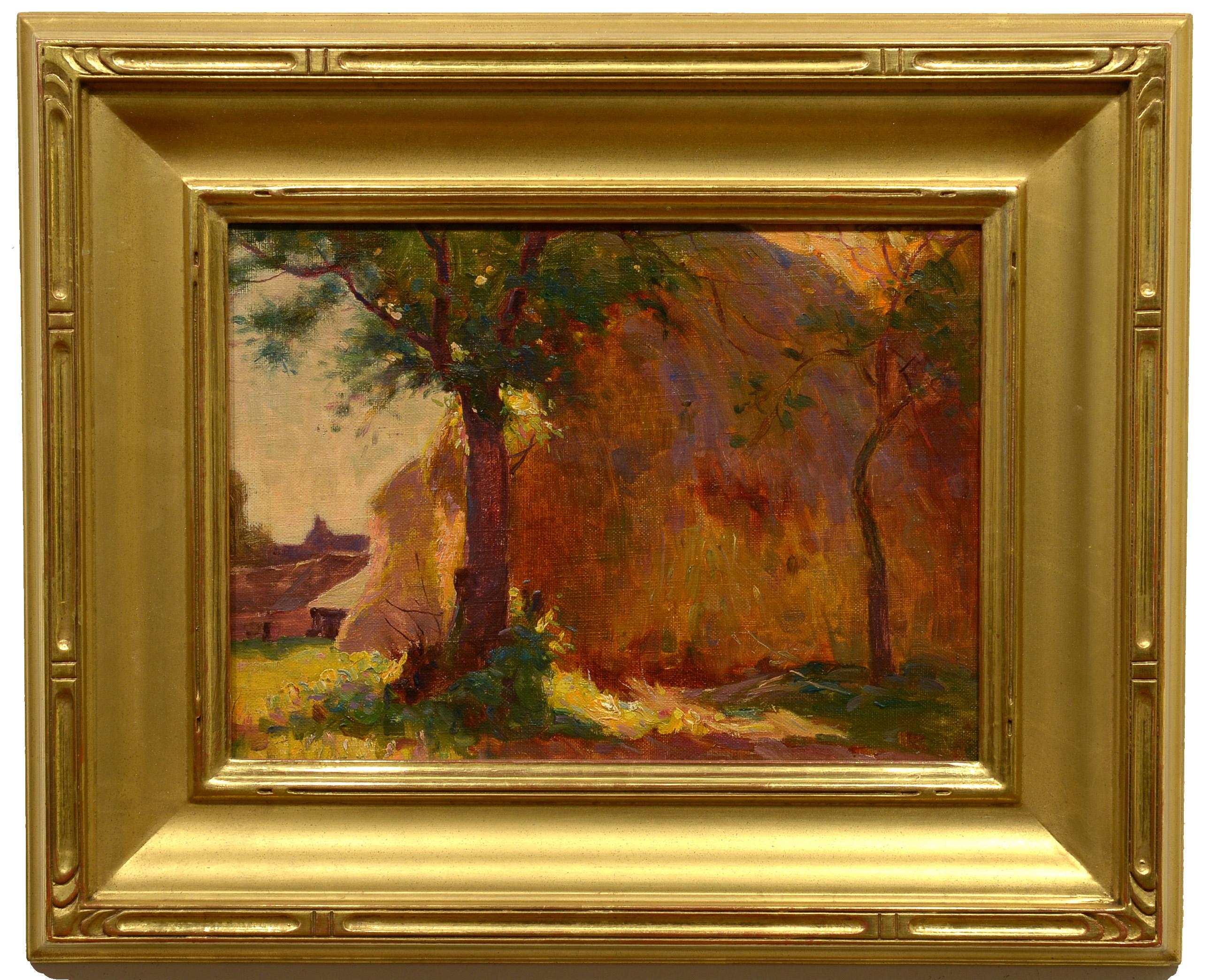 « Haystacks éclairés par le soleil », William Dennis, impressionniste, 1900-1910, paysage rural en vente 1