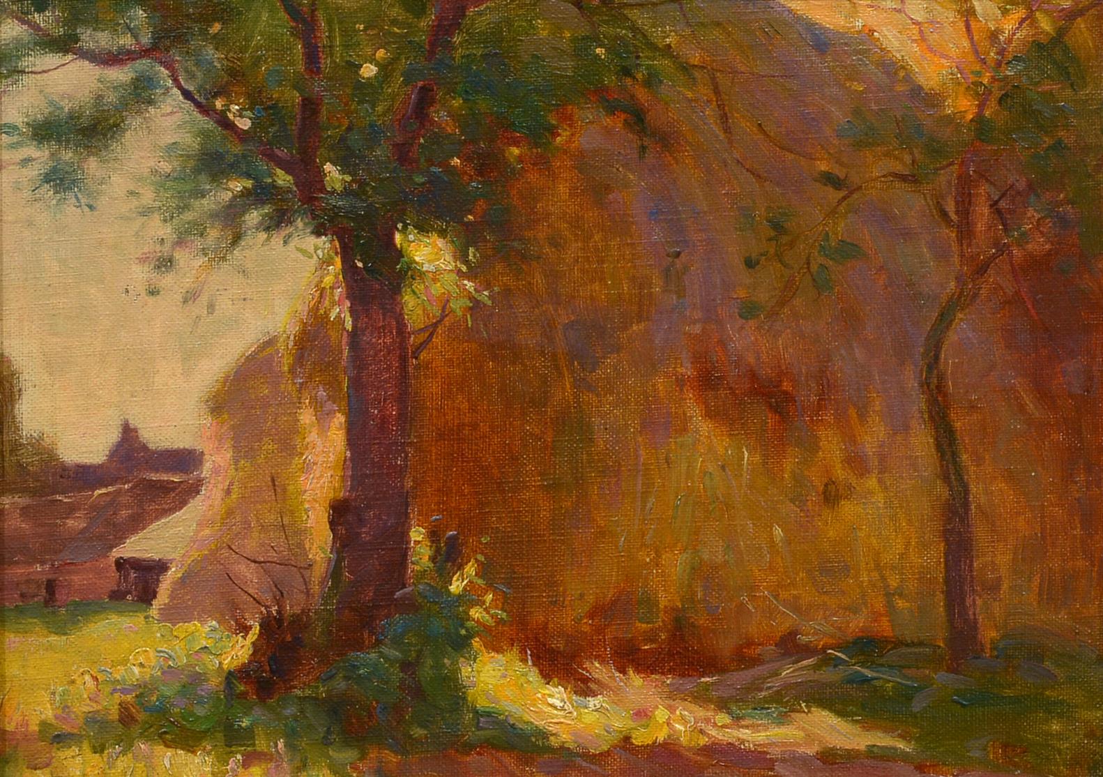 "Sunlit Haystacks, " William Dennis, impressionist, 1900-1910, rural landscape