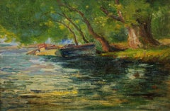 Willows at the Edge of the River, Impressionist, Rural Landscape