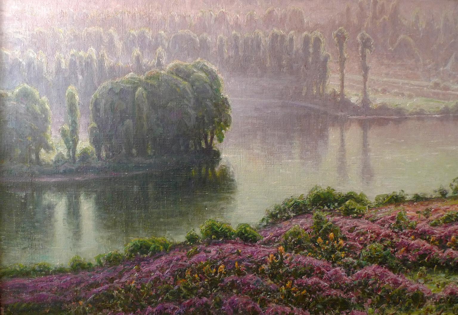 WILLIAM DIDIER - POUGET 
French, 1864 - 1959
BRUYÈRES EN FLEURS
signed and dated “Didier-Pouget / 1949” (lower right)
inscribed, located and signed ““Le Malin dans la vallée du Lot.” (France) / (Bruyères en fleurs.) / dP. 49. 890. L. F.” (on the