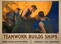 Original Antique WWI Poster Teamwork Builds Ships by Stevens 1916