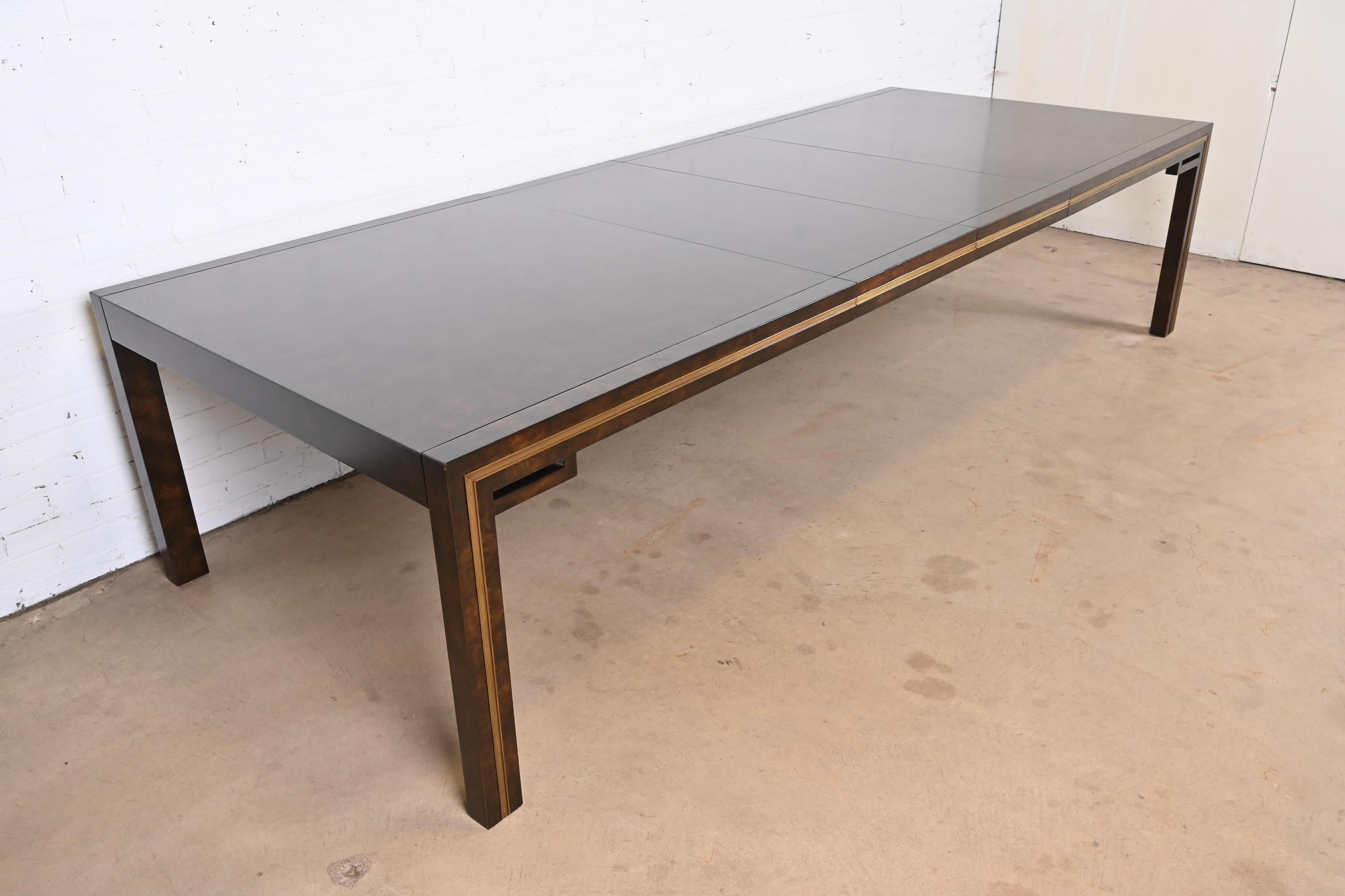 Late 20th Century William Doezema for Mastercraft Burl Wood and Brass Extension Dining Table For Sale
