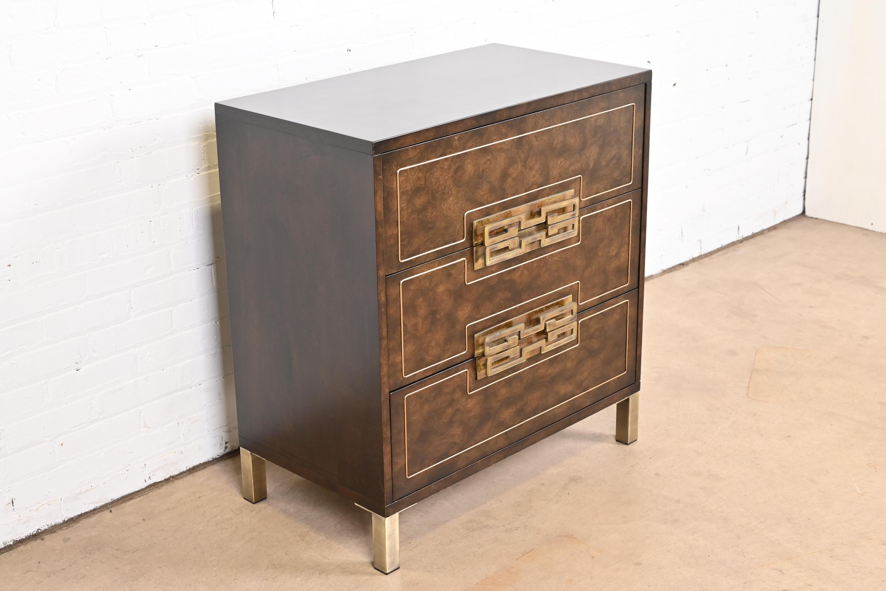 William Doezema for Mastercraft Burl Wood and Brass Greek Key Chest of Drawers In Good Condition In South Bend, IN