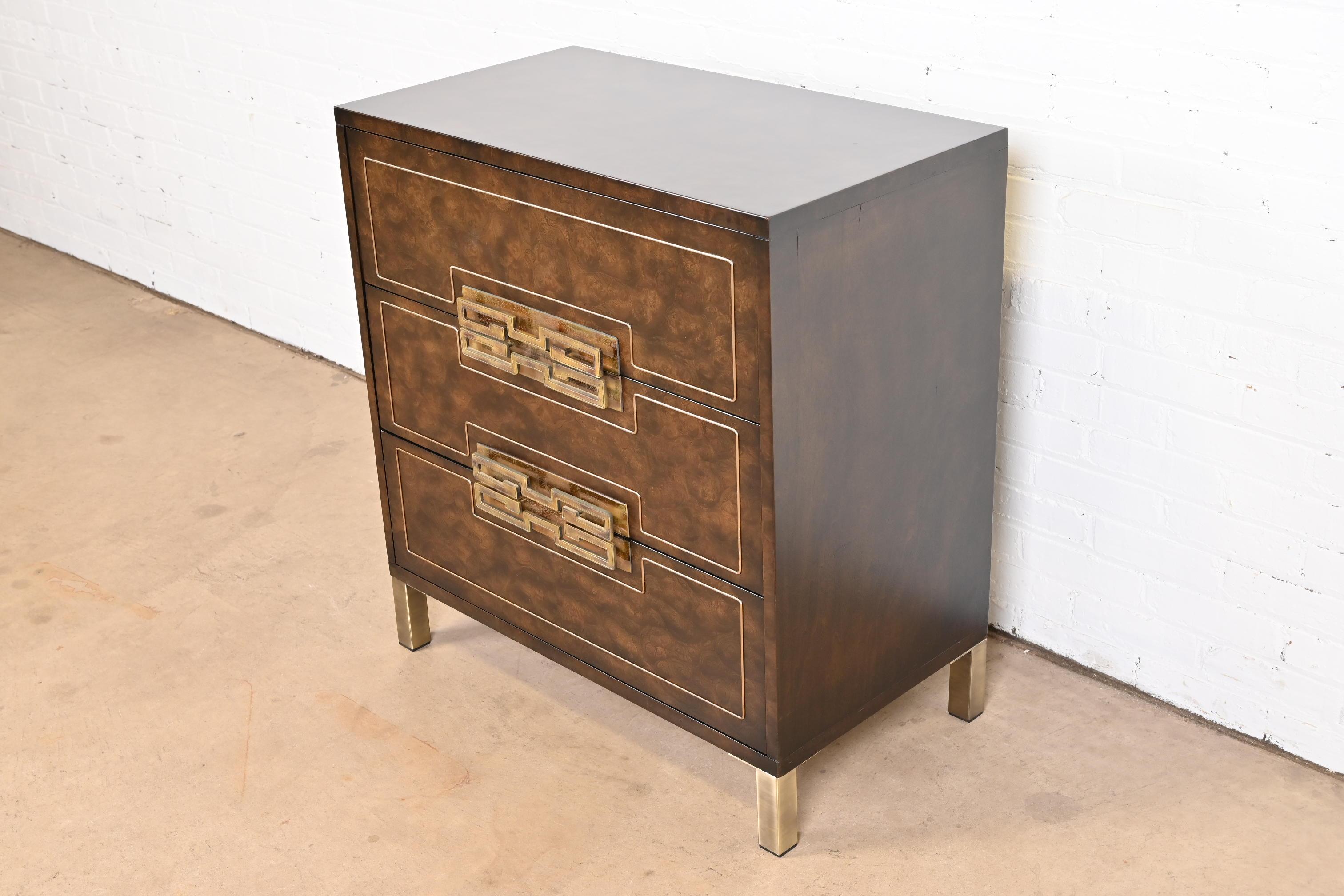 Late 20th Century William Doezema for Mastercraft Burl Wood and Brass Greek Key Chest of Drawers