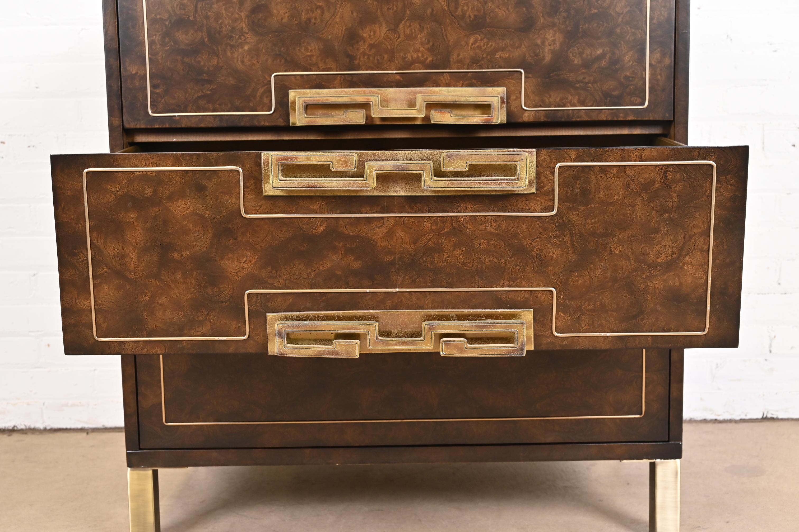 William Doezema for Mastercraft Burl Wood and Brass Greek Key Chest of Drawers 3