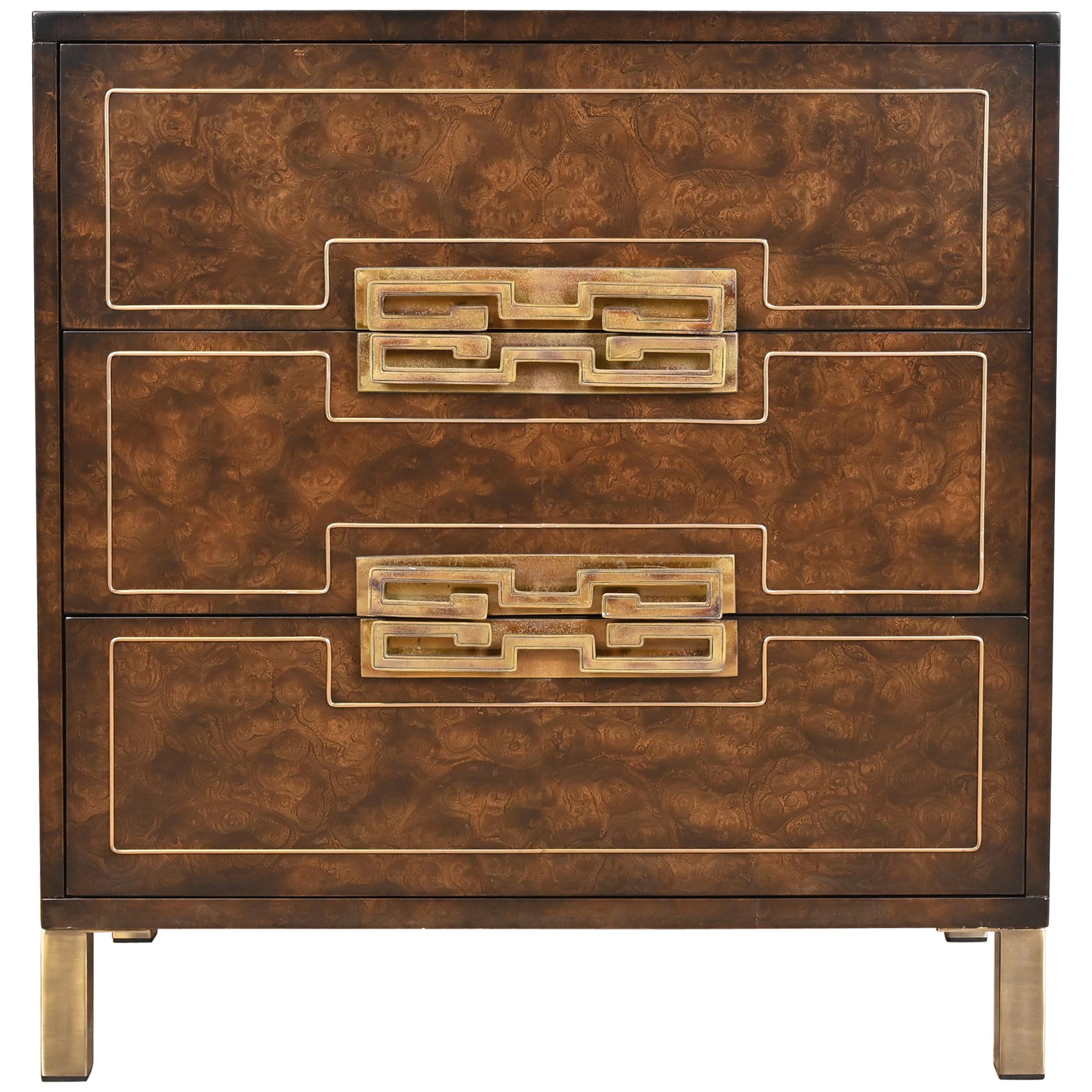 William Doezema for Mastercraft Burl Wood and Brass Greek Key Chest of Drawers