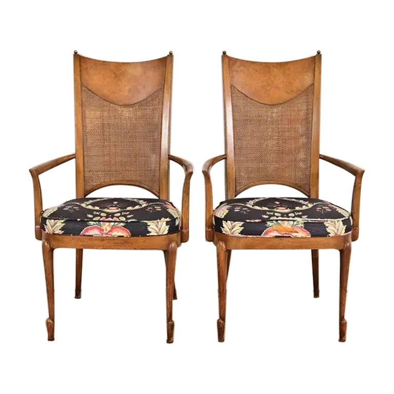 William Doezema Mid-Century Modern Burl Wood and Cane Back Armchairs, Pair For Sale