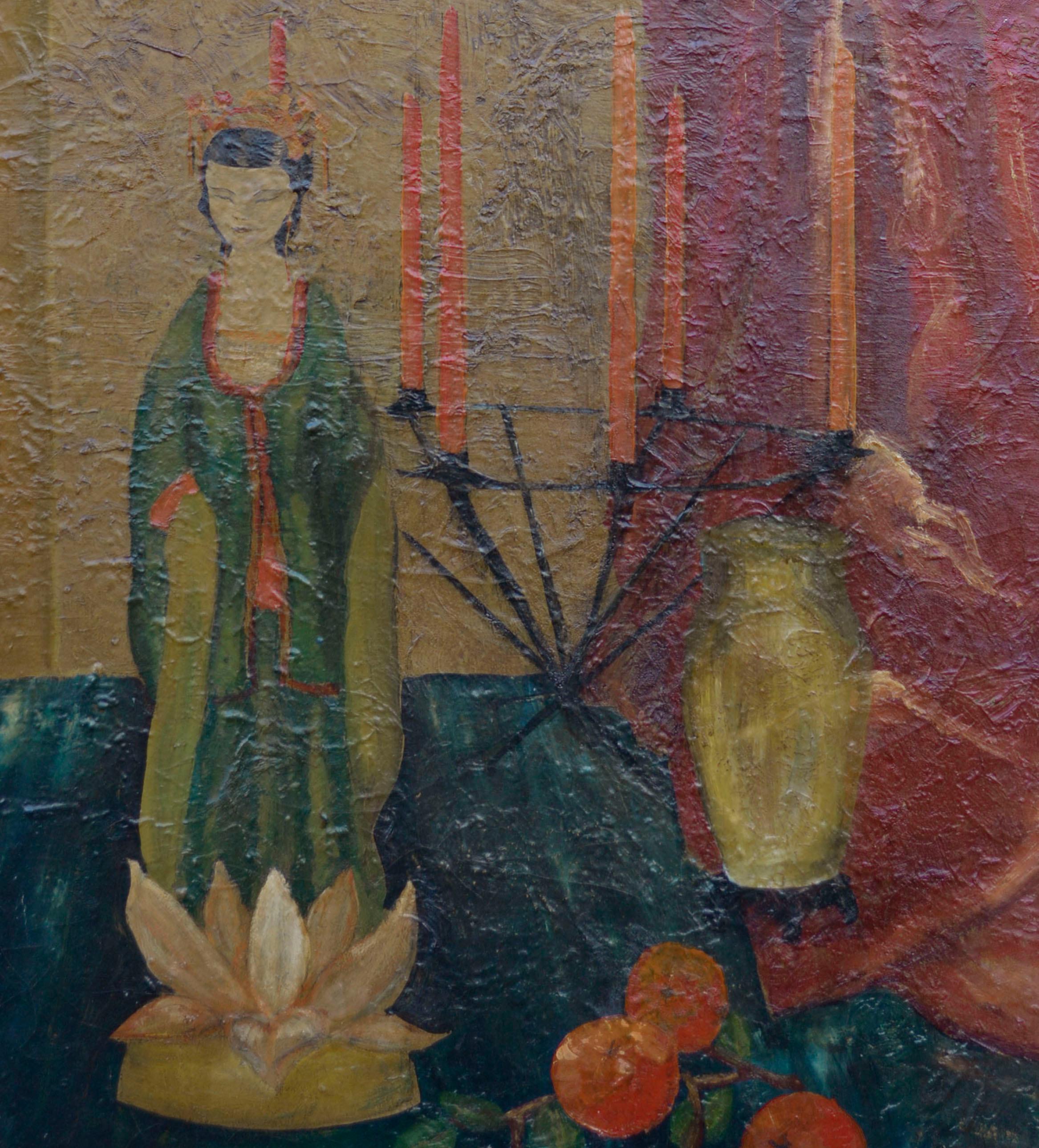 Asian Doll and Lotus Flower Mid Century Still Life - Painting by William Dollery-Pardy