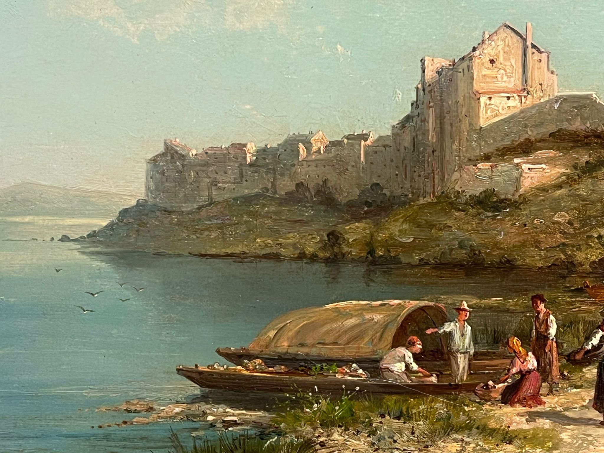 Fine Victorian Oil Painting Taranto Italy Fisherfolk on the Shore Golden Light 2