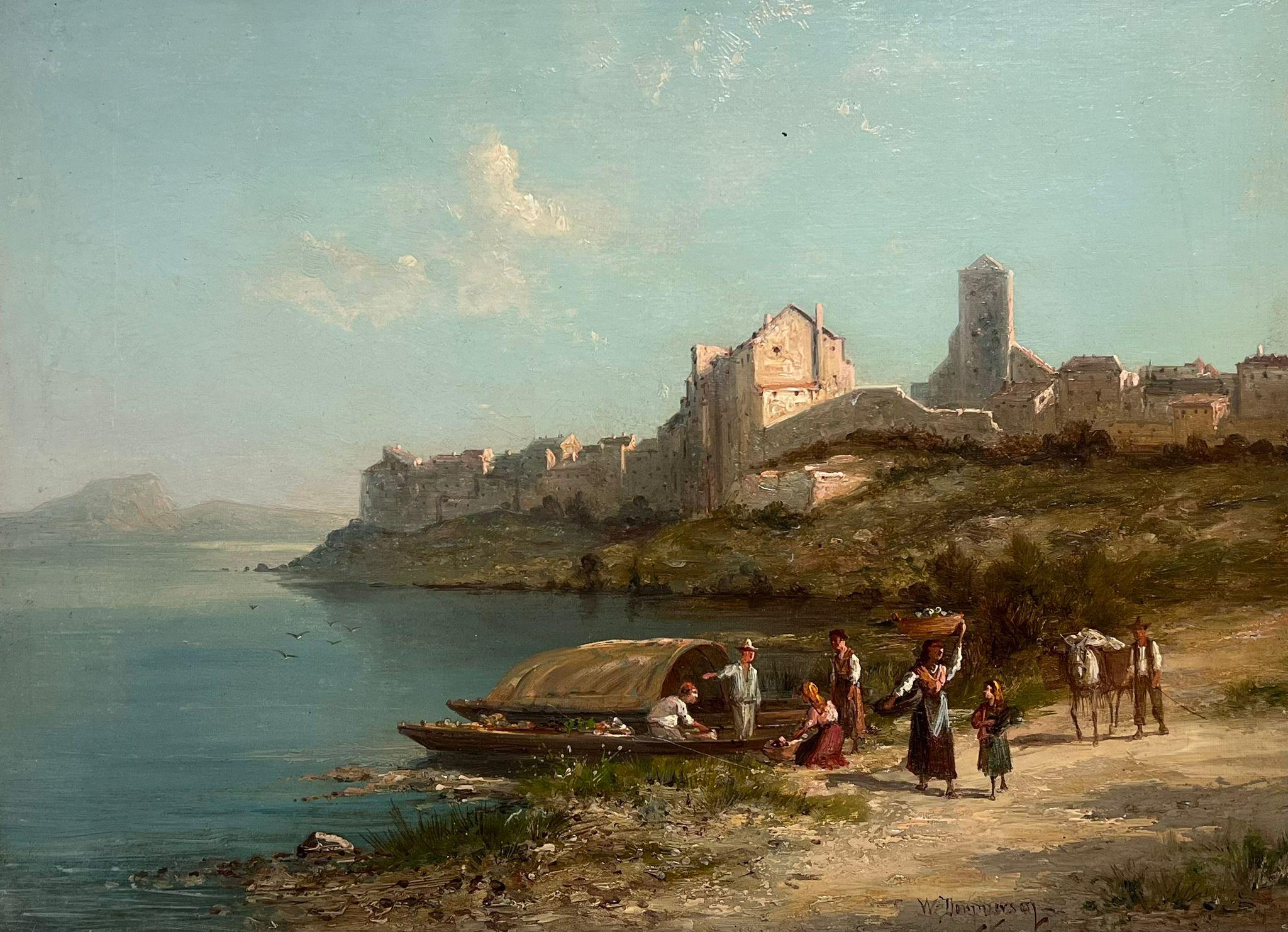 Fine Victorian Oil Painting Taranto Italy Fisherfolk on the Shore Golden Light 3