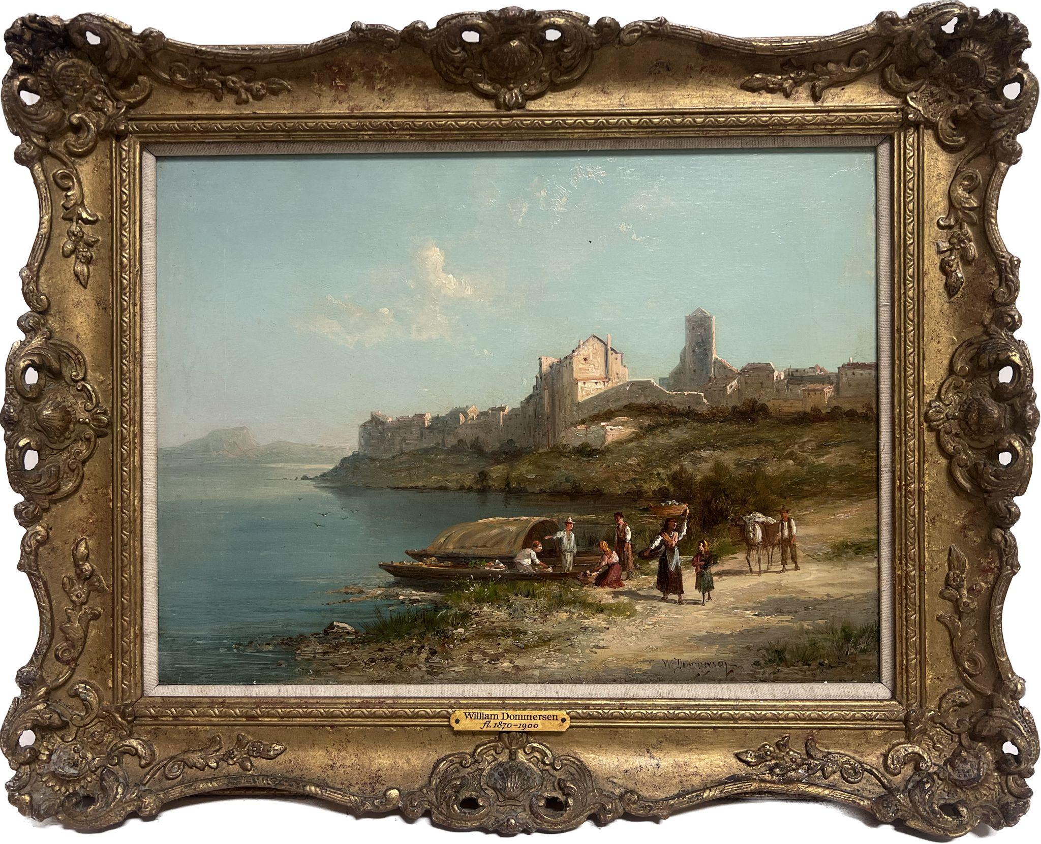 William Dommersen  Landscape Painting - Fine Victorian Oil Painting Taranto Italy Fisherfolk on the Shore Golden Light