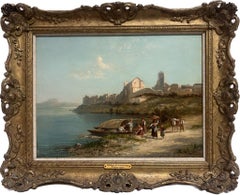 Vintage Fine Victorian Oil Painting Taranto Italy Fisherfolk on the Shore Golden Light