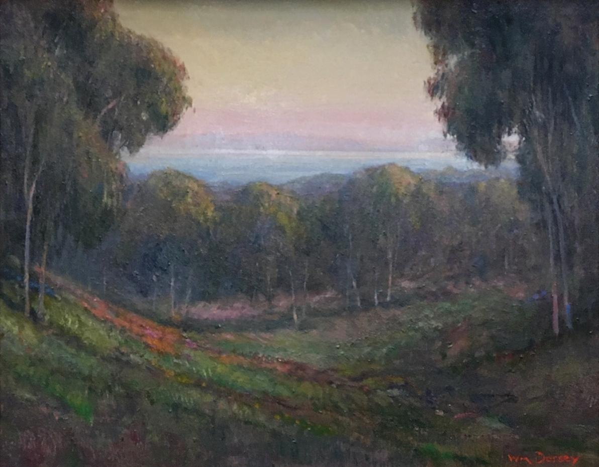 A 20th Century pastoral California coastal landscape by artist William Dorsey in a hand-carved Plein Air frame.  Image size:  16" x 20".  Framed size:  20 1/2" x 24 1/2".

Biography from Askart:  
Primarily self-taught, William was best known as a