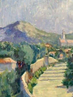 OLIO ORIGINALE D'EPOCA FIRMATO IMPRESSIONISTA BRITANNICO VISTA VECCHIO VILLAGGIO DELLA PROVENZA