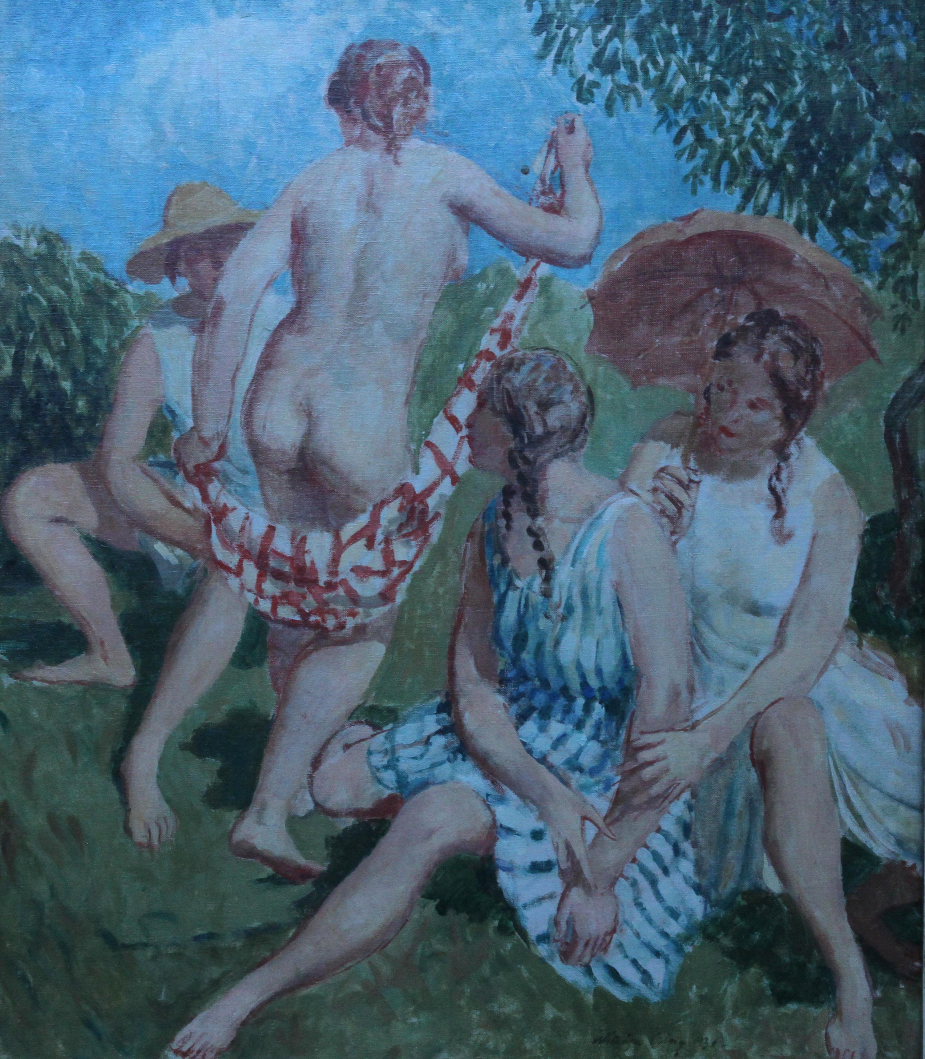 Frolic d'été - Peinture à l'huile de nu de Slade Sch, artiste post-impressionniste britannique, années 30 - Painting de William Dring