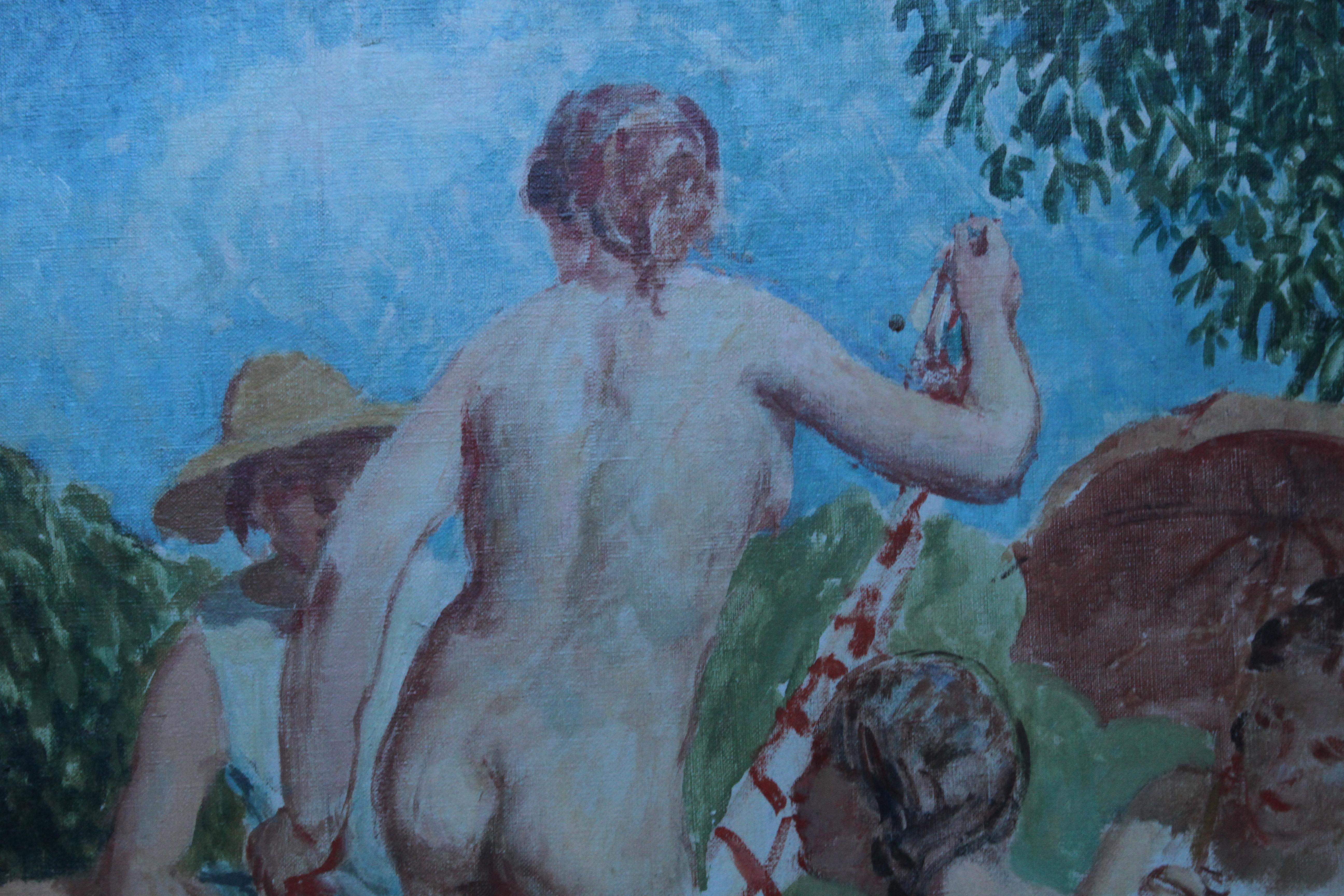 Frolic d'été - Peinture à l'huile de nu de Slade Sch, artiste post-impressionniste britannique, années 30 en vente 2