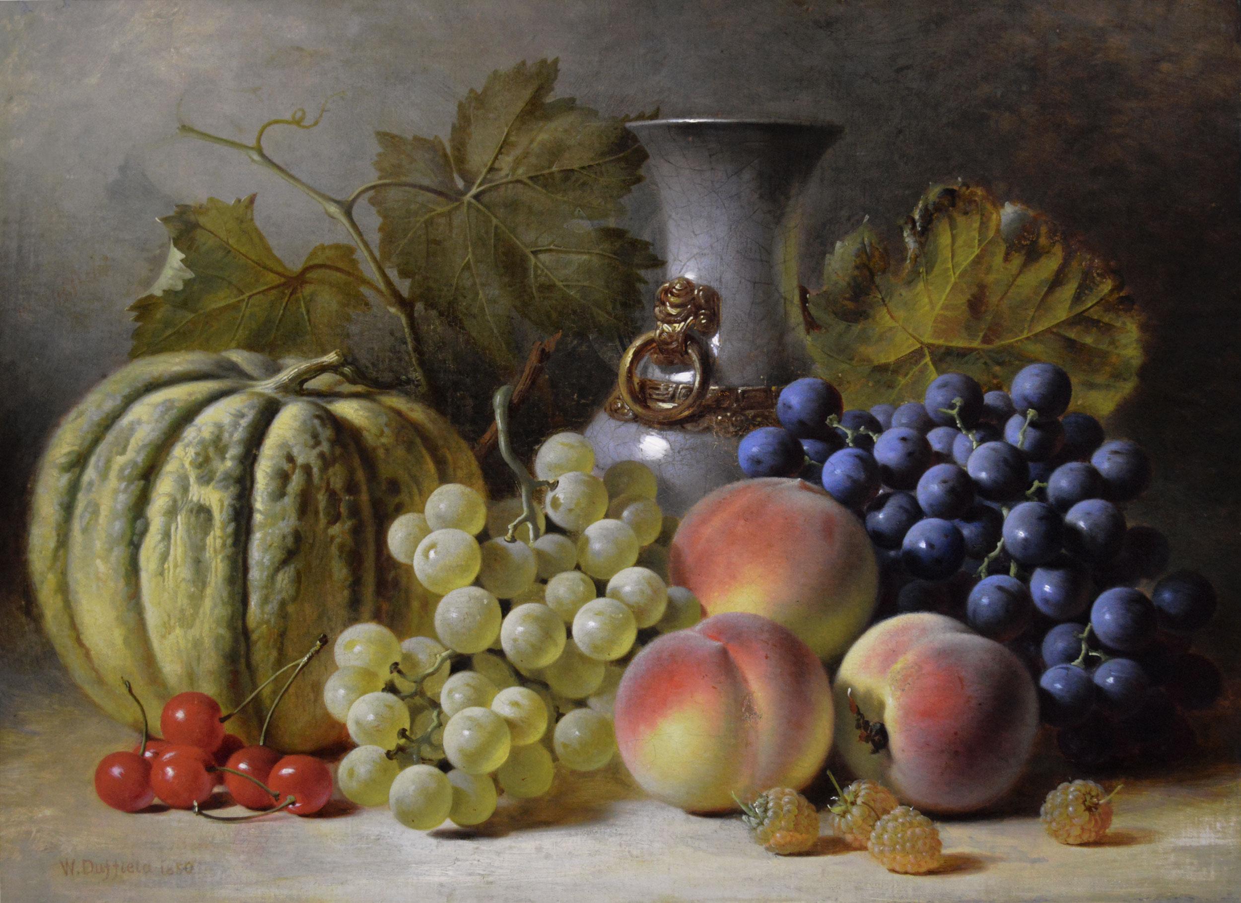 19th Century still life oil painting of fruit & a vase - Painting de William Duffield