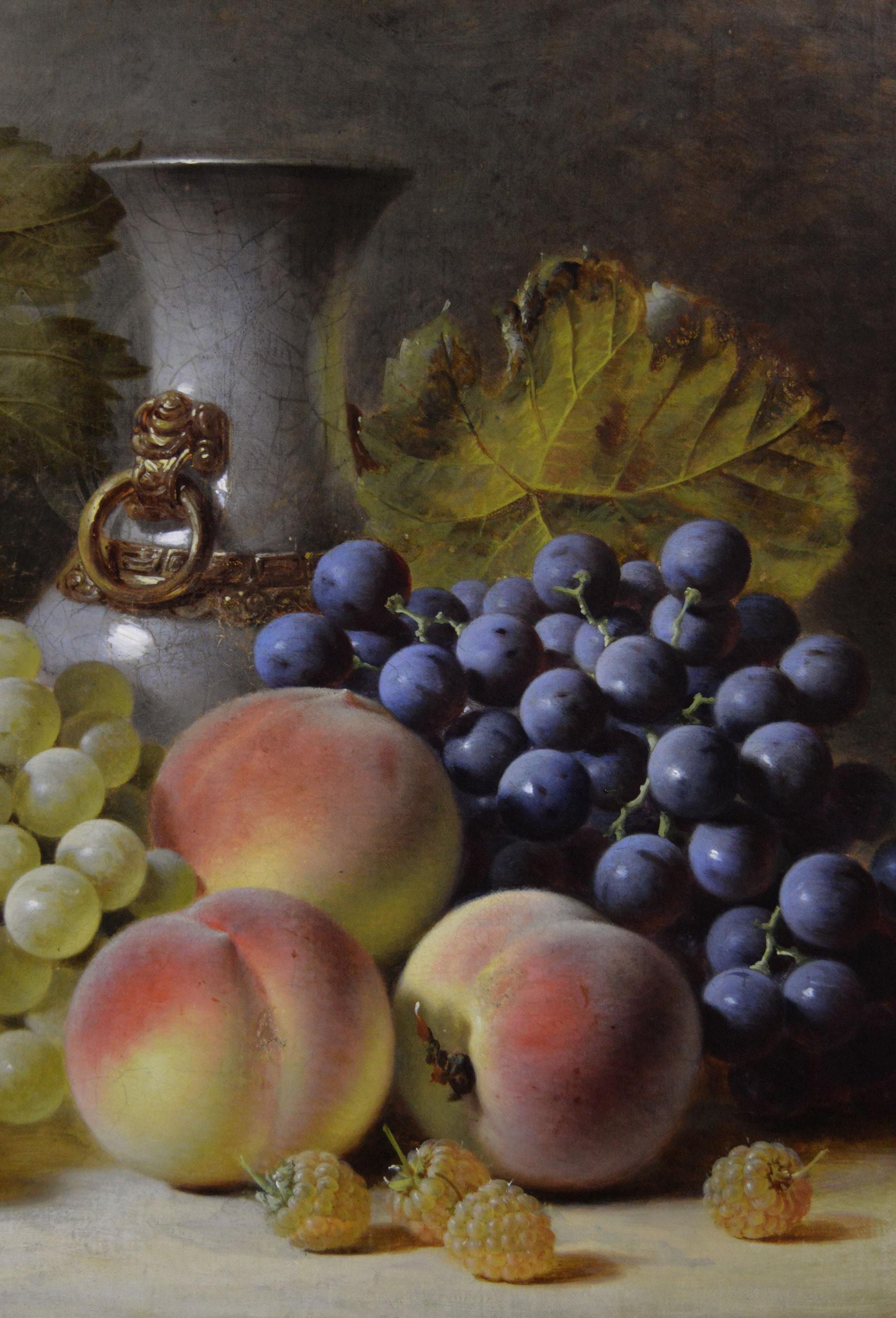 19th Century still life oil painting of fruit & a vase - Victorien Painting par William Duffield