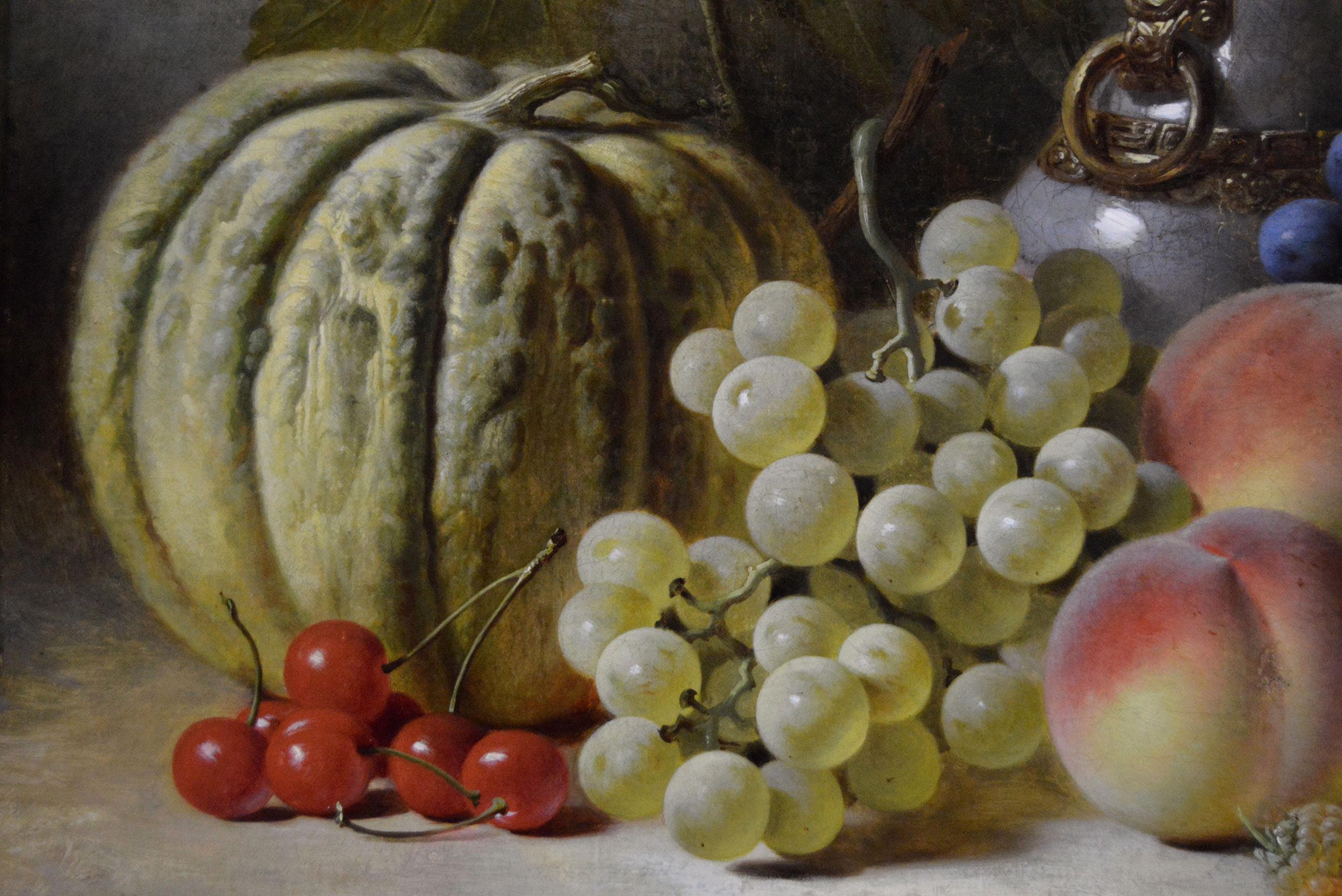 19th Century still life oil painting of fruit & a vase - Marron Still-Life Painting par William Duffield