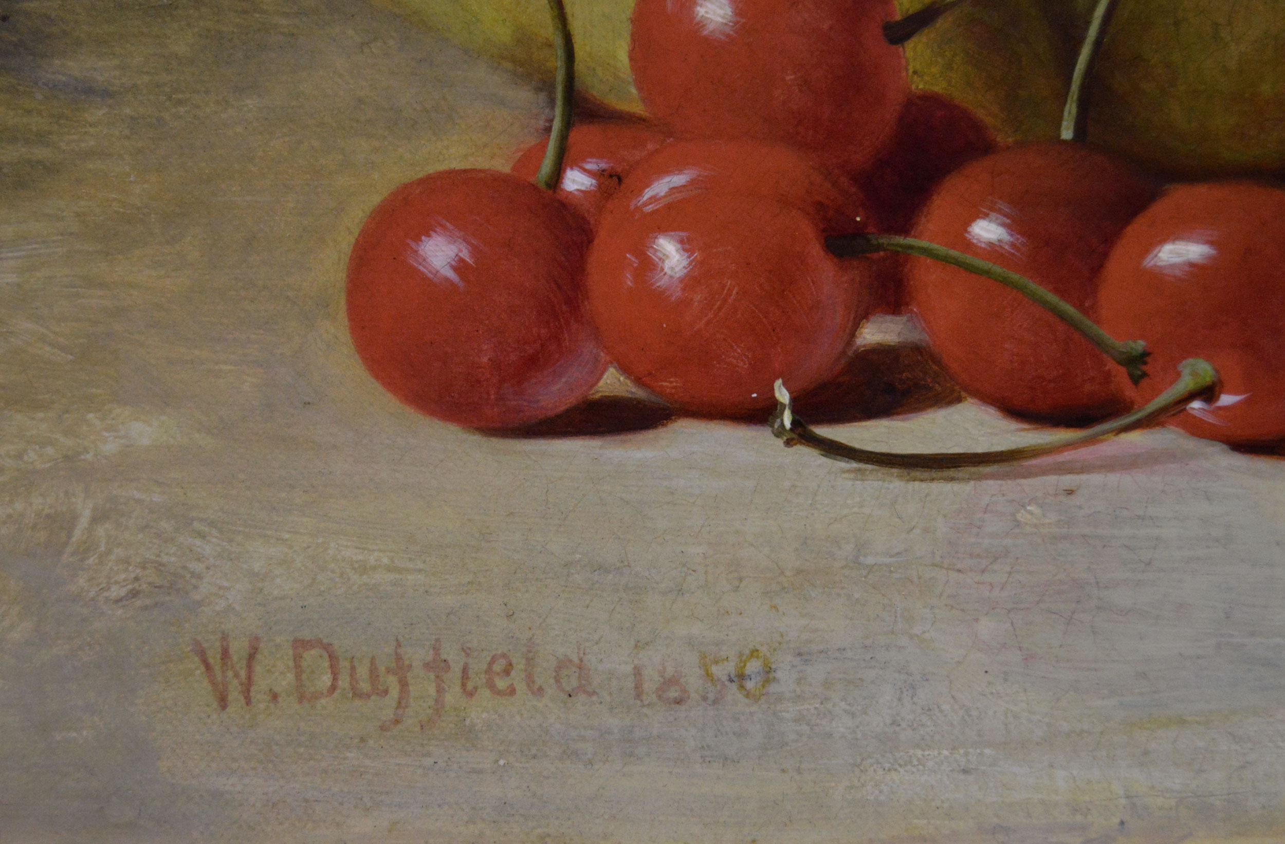 William Duffield
British, (1816-1863)
Still Life of Fruit 
a Vase
Oil on canvas, signed 
dated 1850
Image size: 13.5 inches x 18.5 inches 
Size including frame: 18.5 inches x 23.5 inches

A wonderful still life painting of fruit and a vase