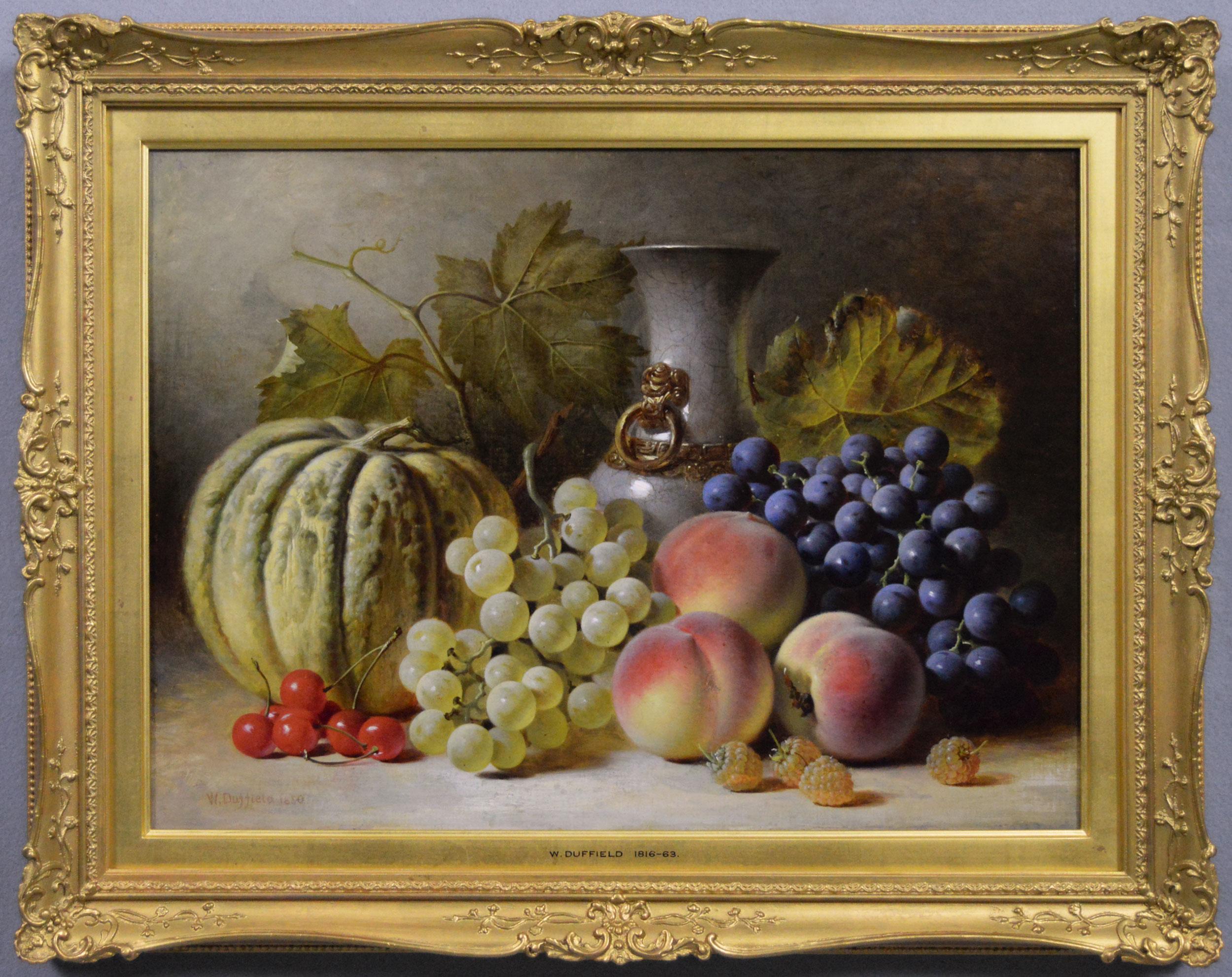 19th Century still life oil painting of fruit 
a vase