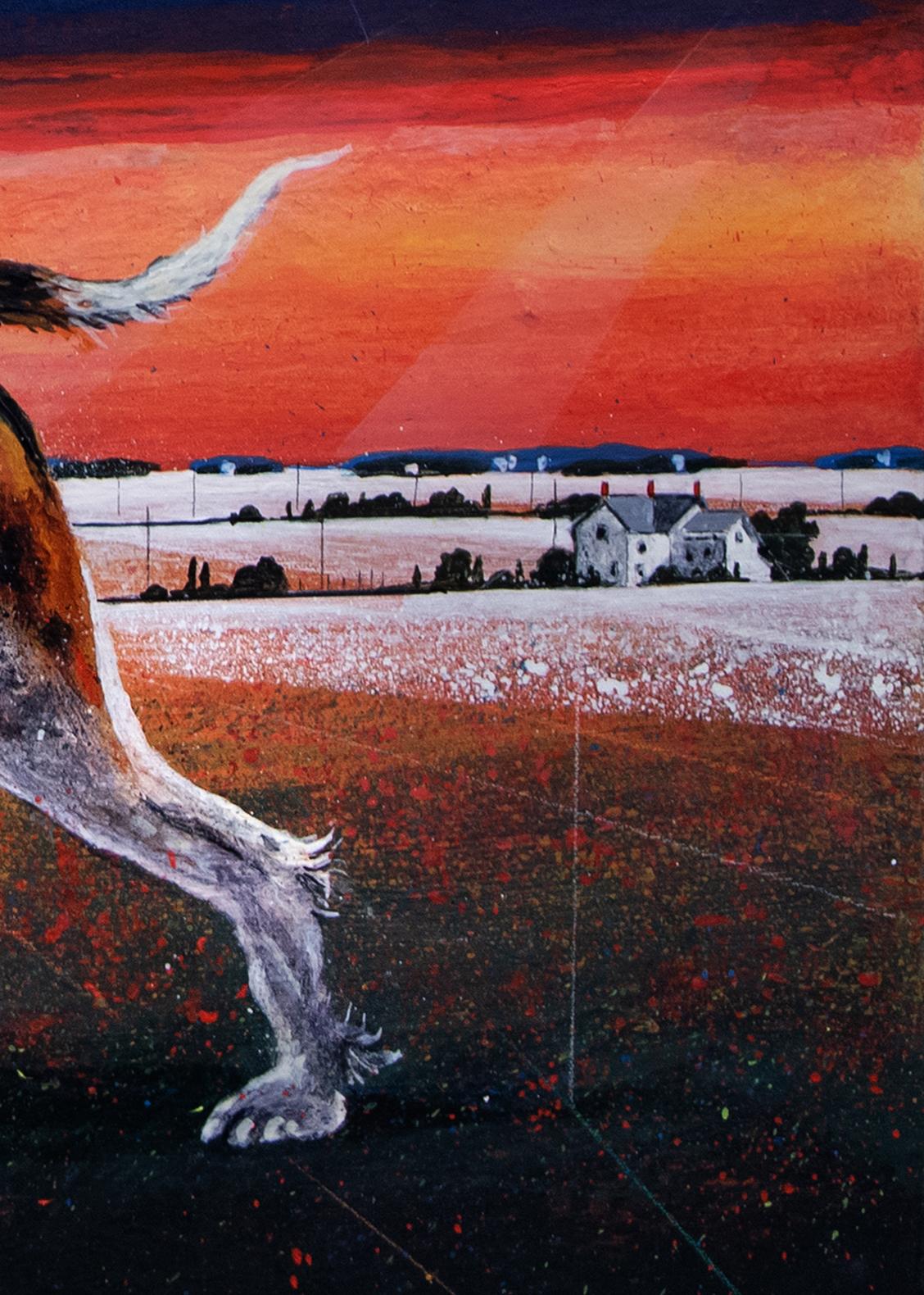 Superbe œuvre de Dunlap avec de nombreux motifs caractéristiques de l'artiste, notamment le chien de chasse Walker, la maison de campagne et la grange au loin, ainsi que le ciel et le paysage panoramique caractéristiques de l'artiste. L'artiste a
