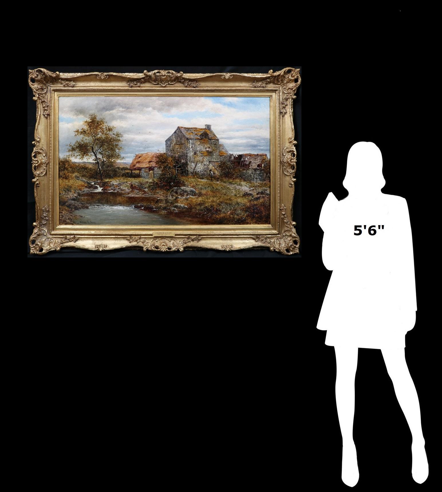 Un moulin à eau à contre-courant - Peinture à l'huile victorienne du 19e siècle du nord du Wales - Victorien Painting par William E Harris