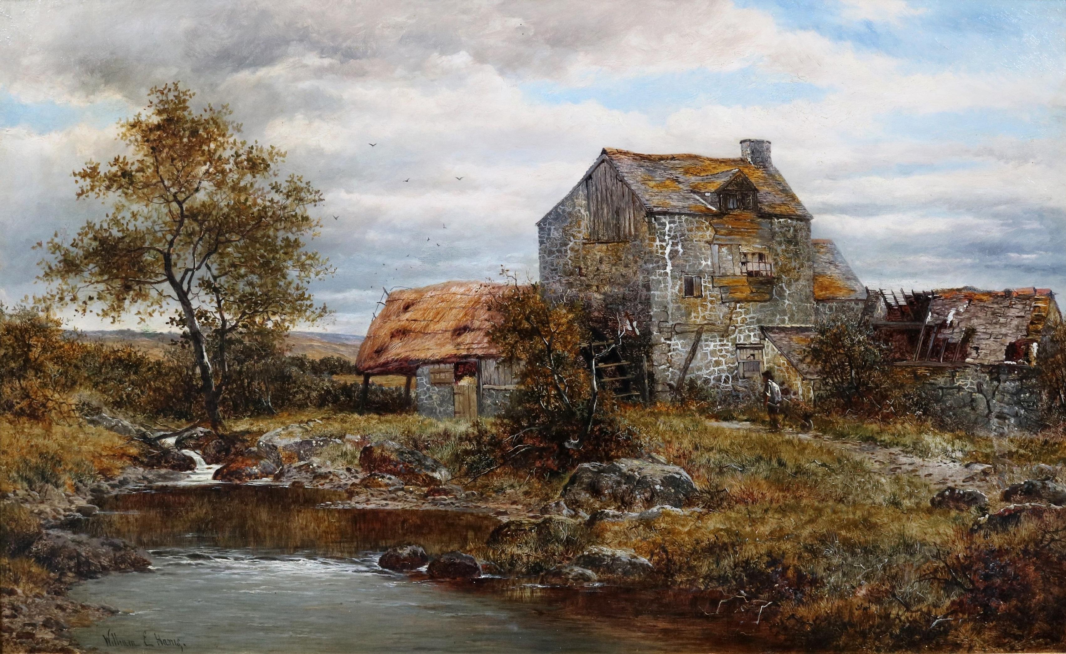 Un moulin à eau à contre-courant - Peinture à l'huile victorienne du 19e siècle du nord du Wales - Marron Landscape Painting par William E Harris