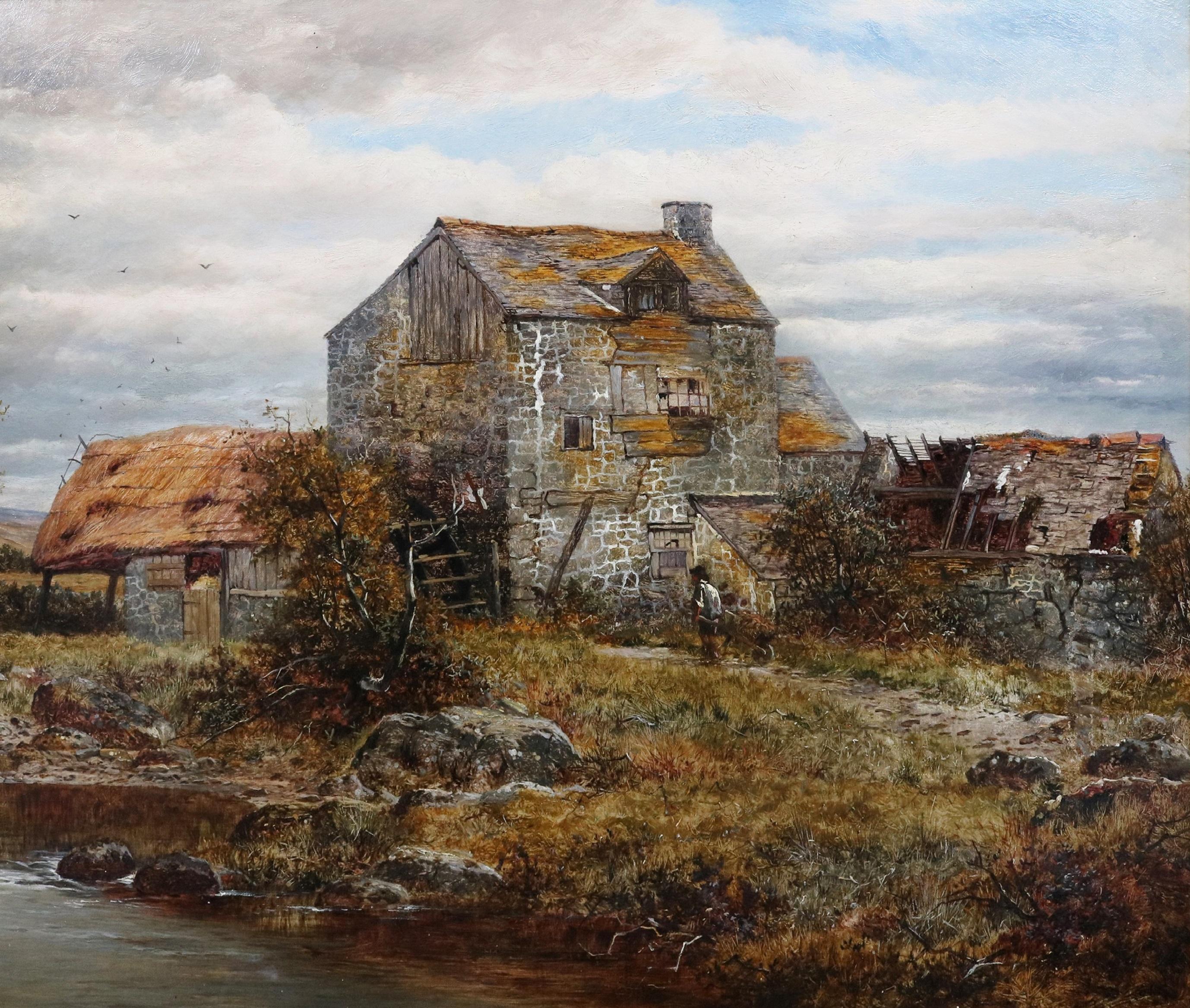 Un moulin à eau à contre-courant - Peinture à l'huile victorienne du 19e siècle du nord du Wales en vente 1