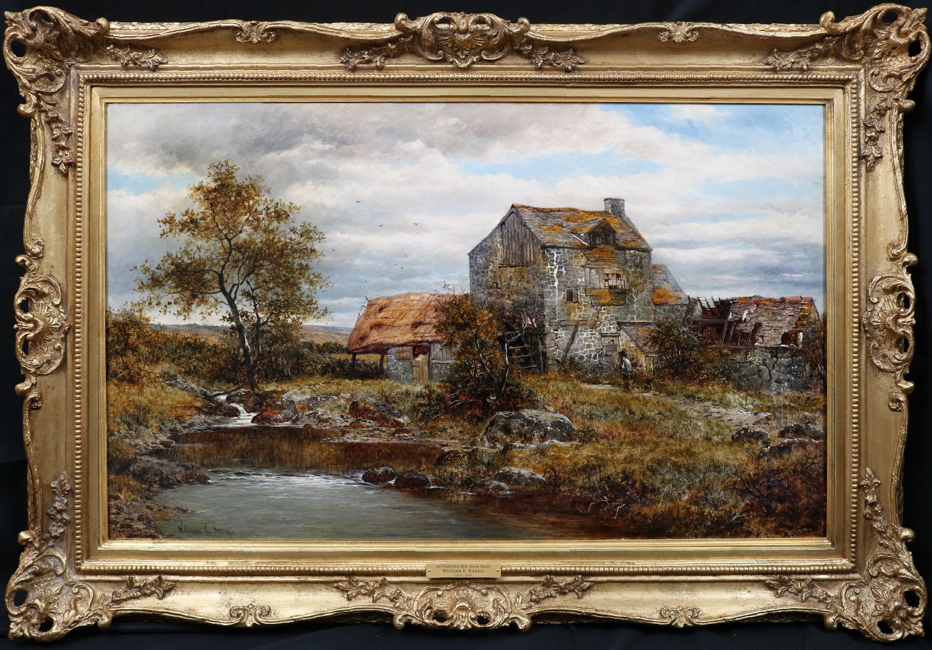 Large 19th Century River Landscape Oil Painting of Water Mill in North Wales