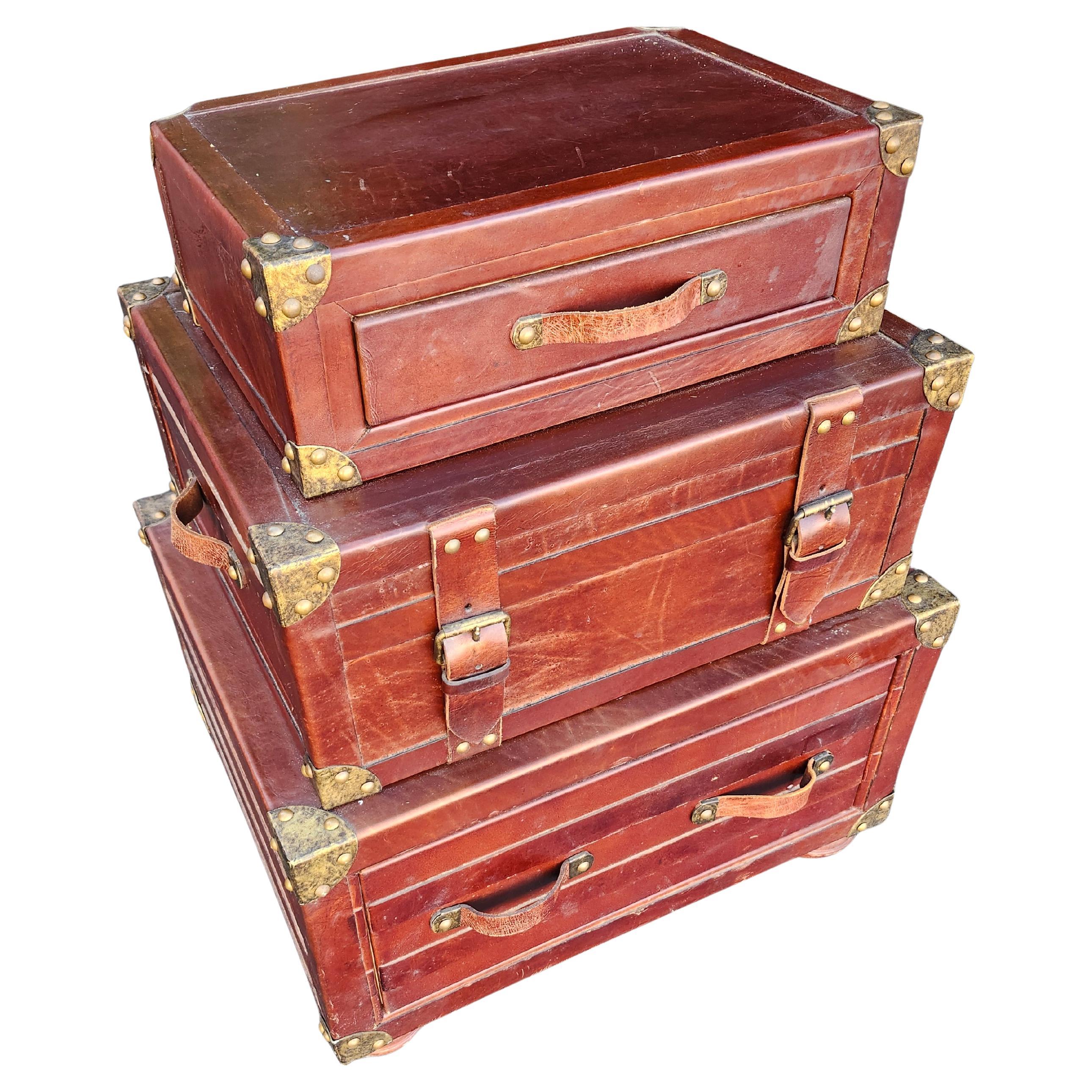 William E Poole Faux Antique Stacked Leather (3) Suitcases w 4 Drawers For Sale