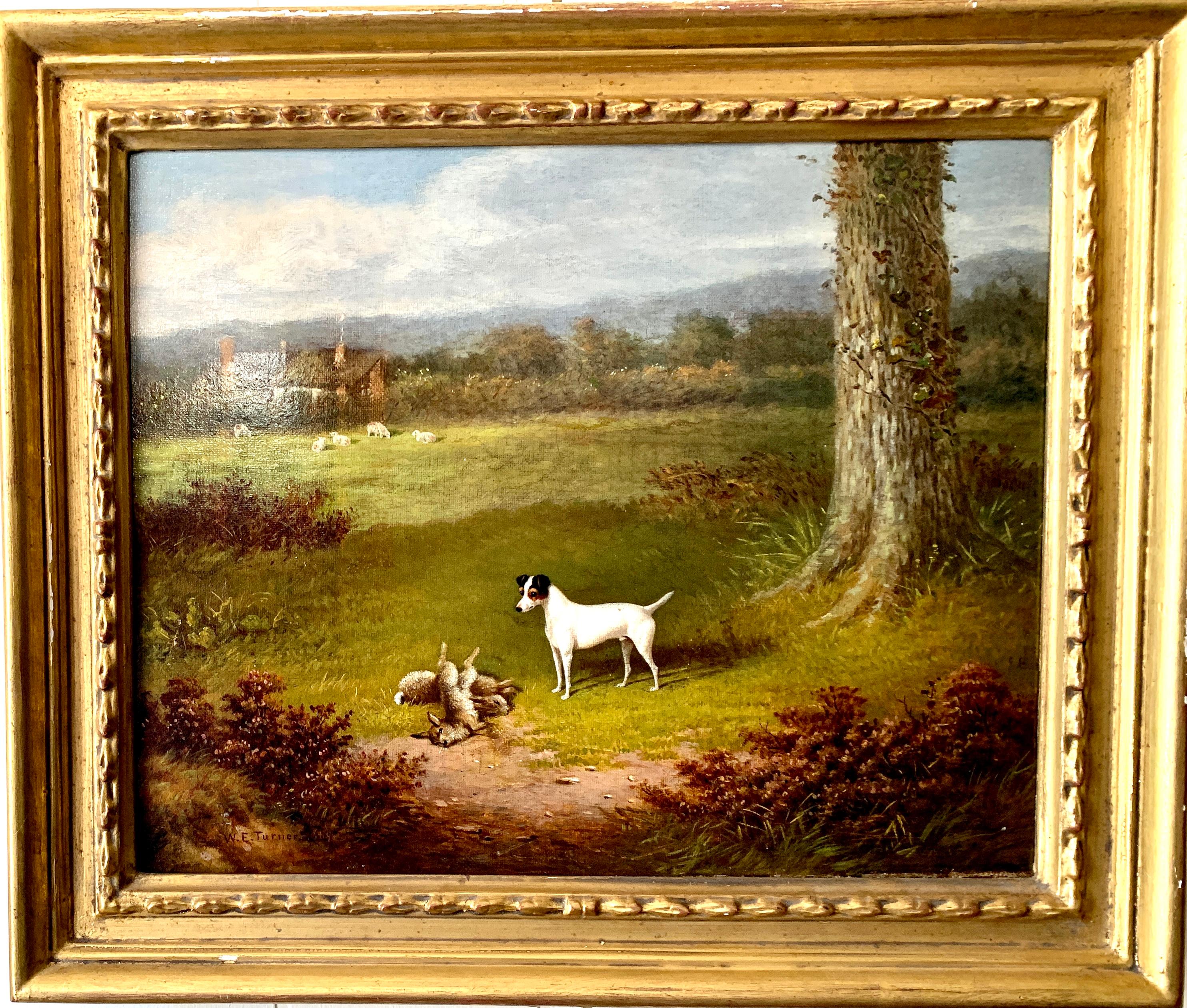 Victorian 19th century oil painting of a Jack Russel dog in a landscape - Painting by William E. Turner