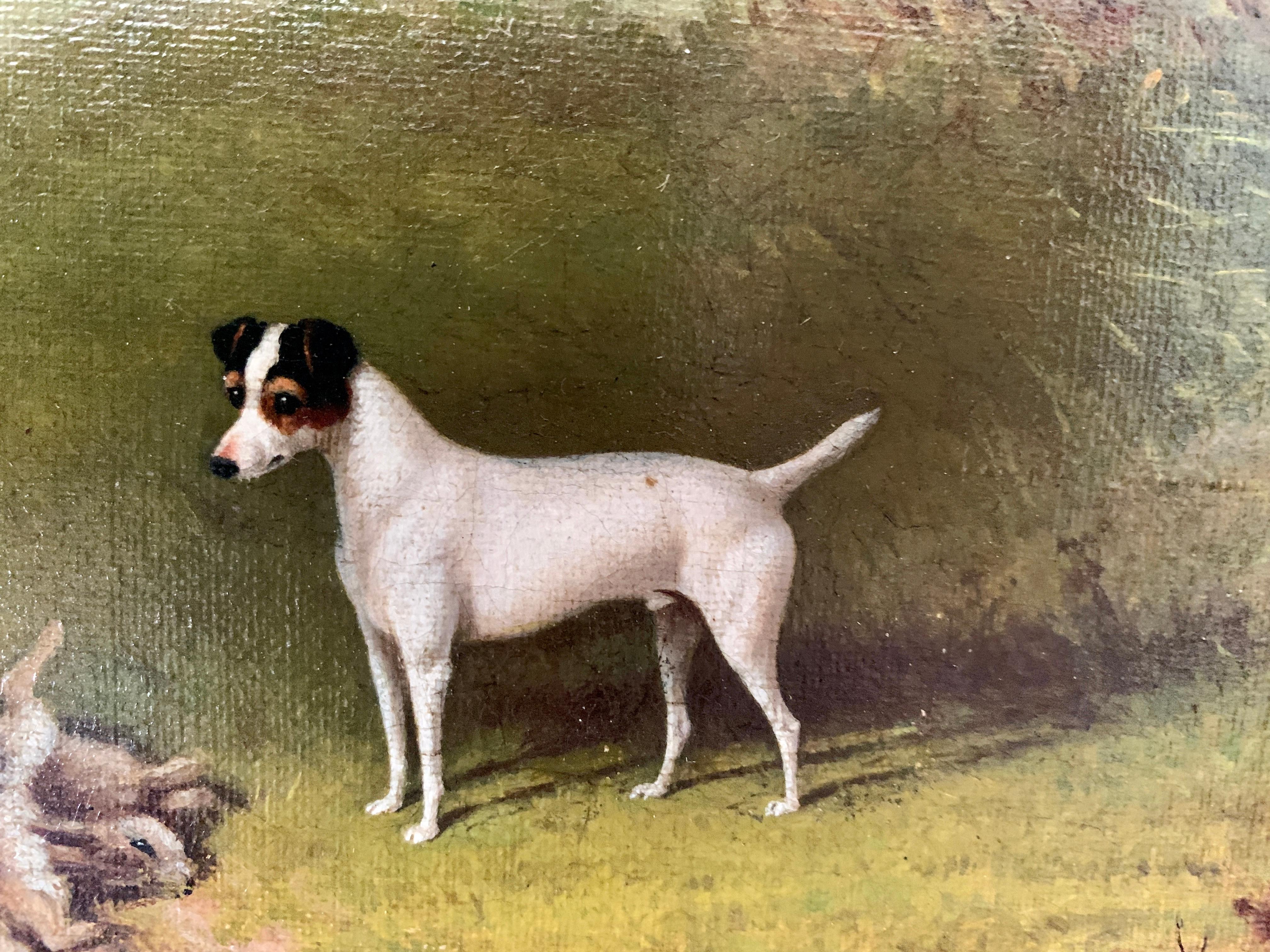 Victorian 19th century oil painting of a Jack Russel dog in a landscape - Brown Figurative Painting by William E. Turner