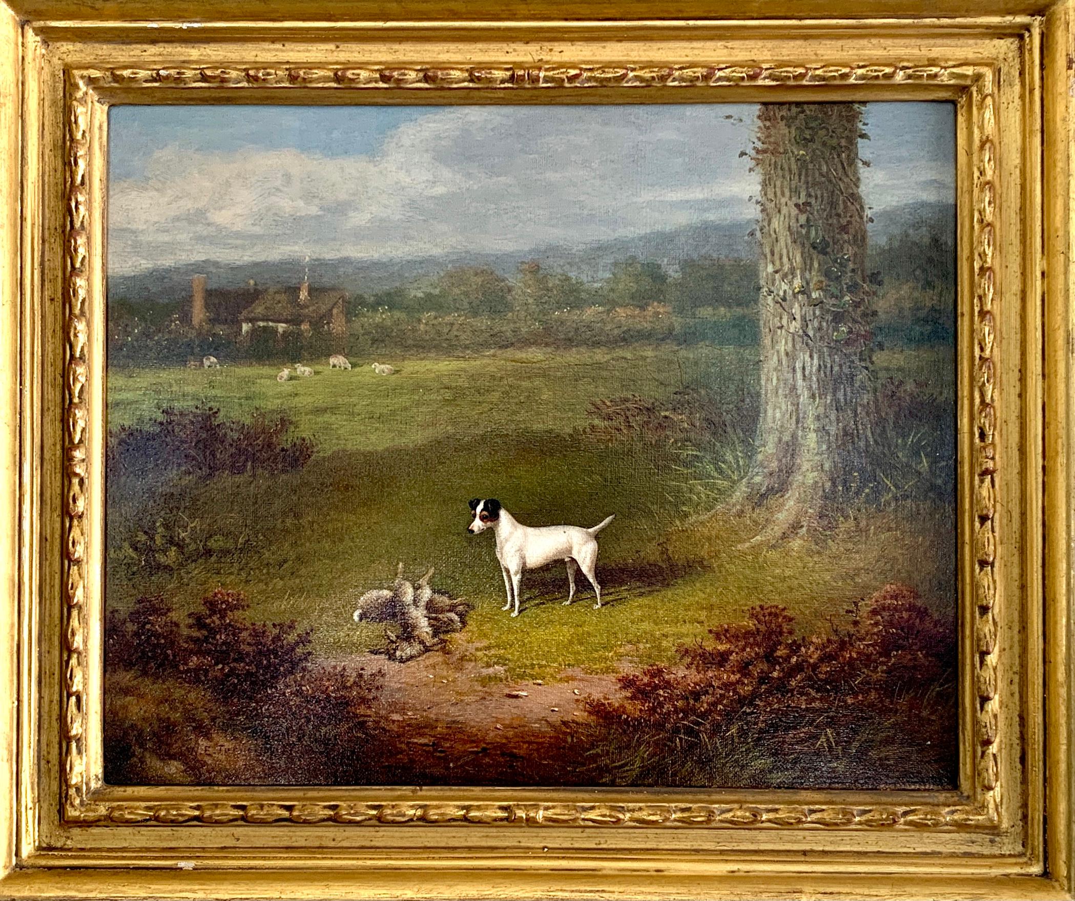 William E. Turner Figurative Painting - Victorian 19th century oil painting of a Jack Russel dog in a landscape