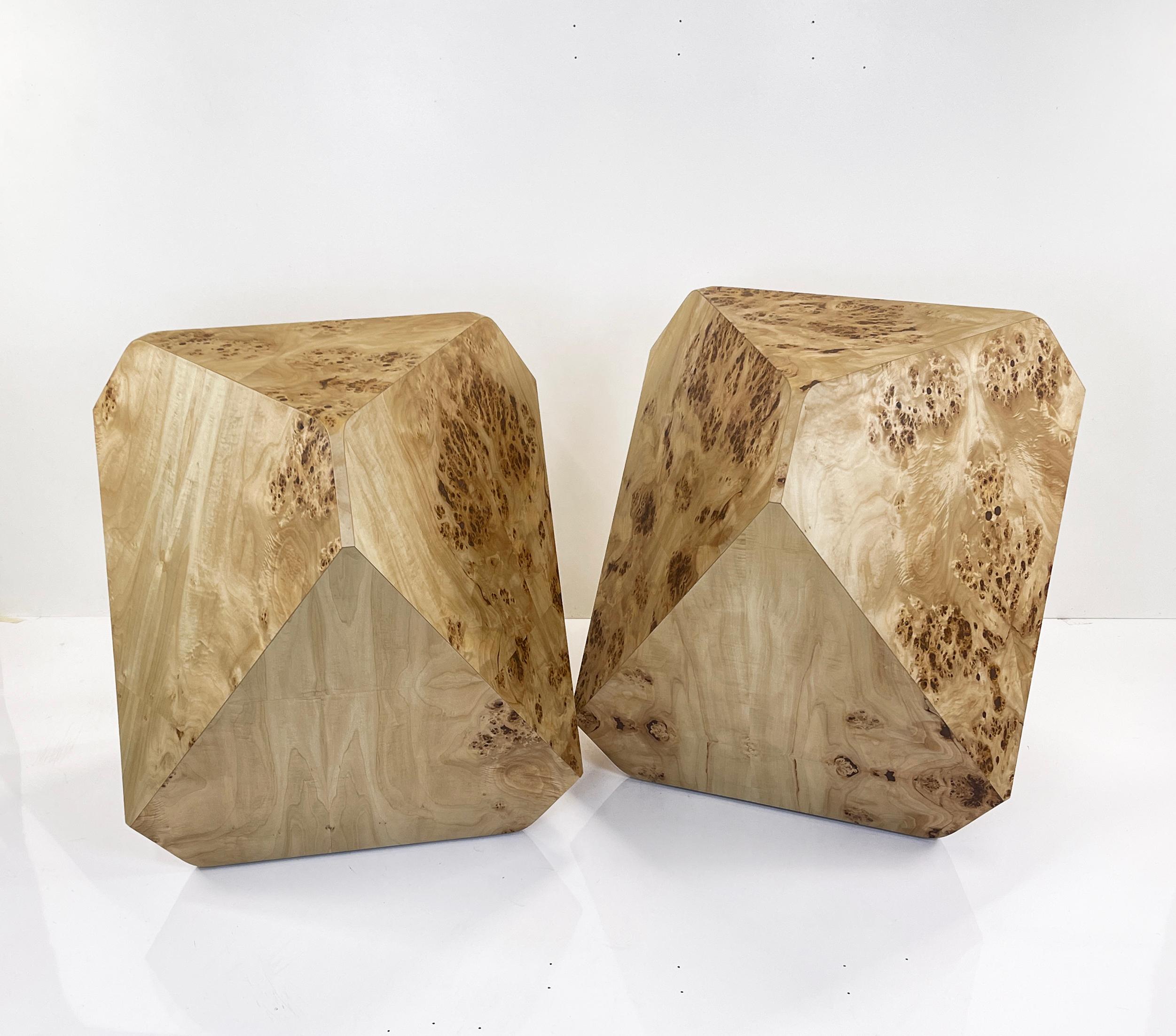 Hand-Crafted William Earle's iconic 'hal' dining pedestals in European Mappa burl For Sale