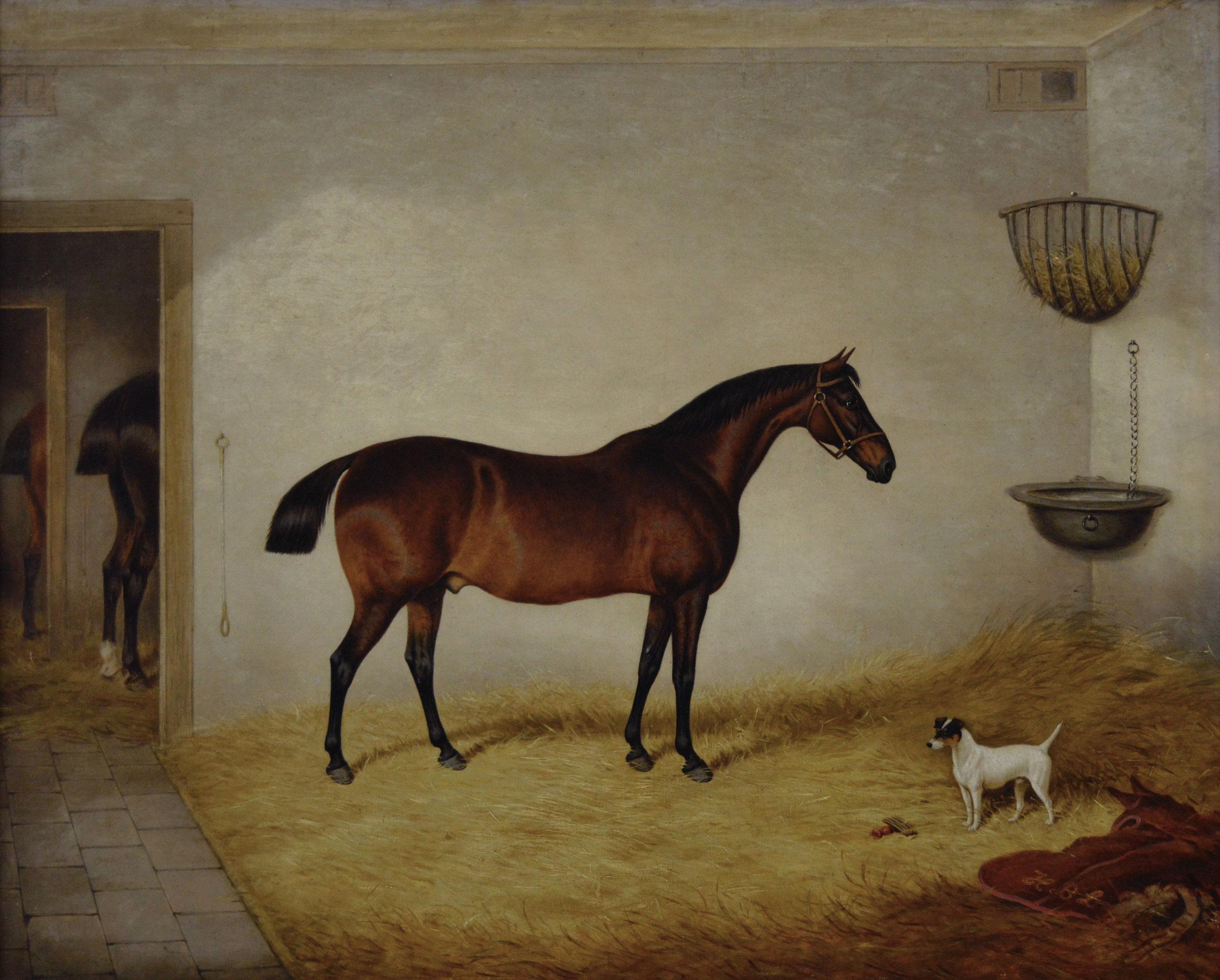 19th Century sporting horse portrait oil painting of a bay horse & terrier - Painting by William Eddowes Turner